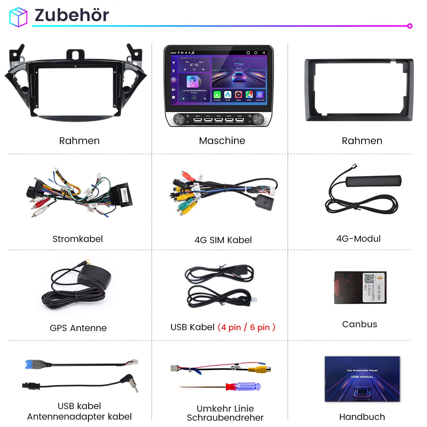 Verschiedenes Autoradio-Zubehör, darunter Rahmen, Kabel und eine Maschine.