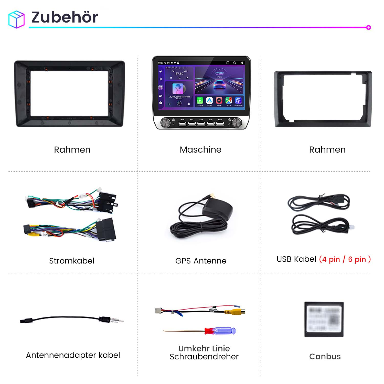 Teile des Auto-Multimediasystems. Verschiedene Rahmen, Maschine, Kabel, Antennenadapter und Schraubendreher.