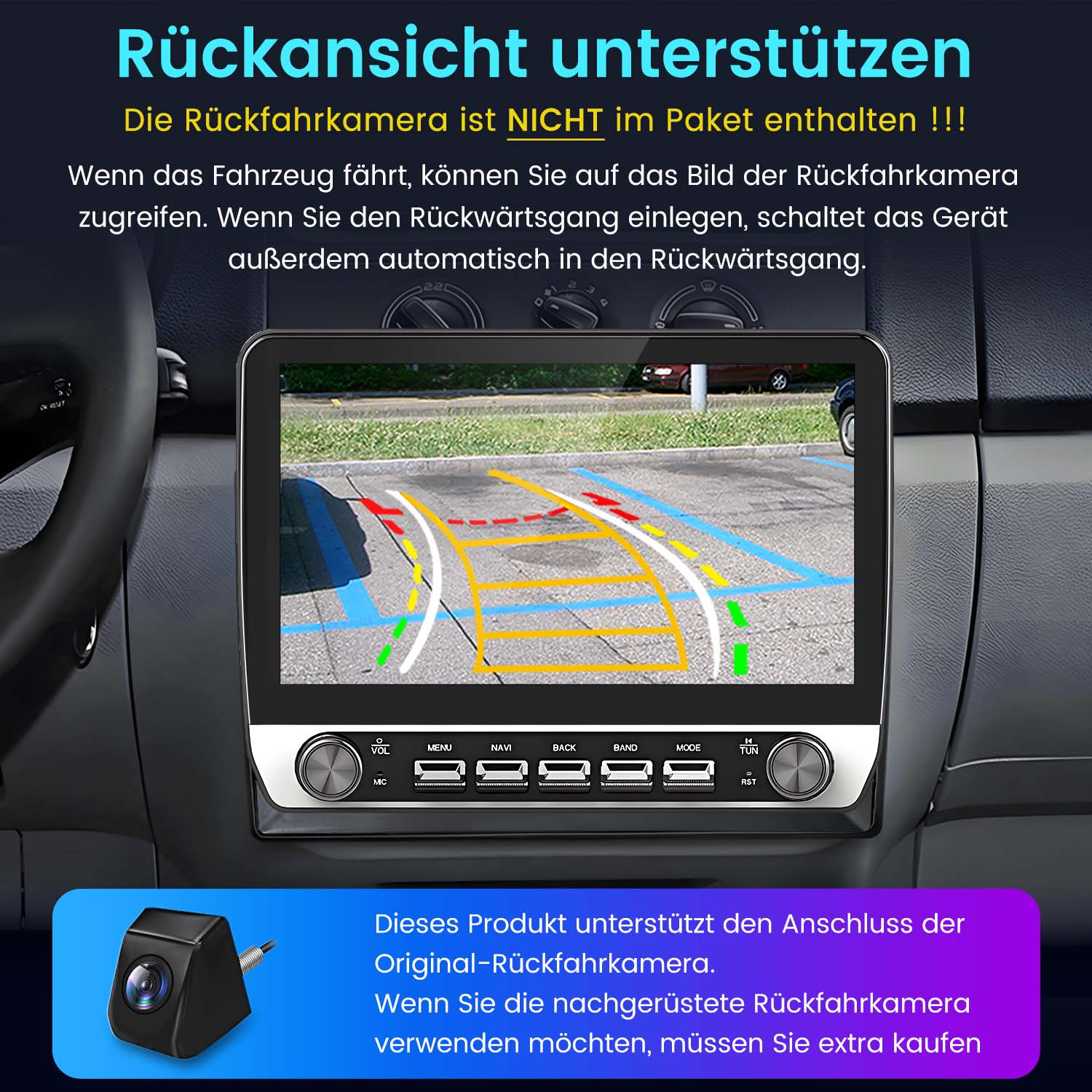 Infotainment-Bildschirm des Autos mit Rückfahrkamera-Ansicht. Text über die Kamera steht unten.