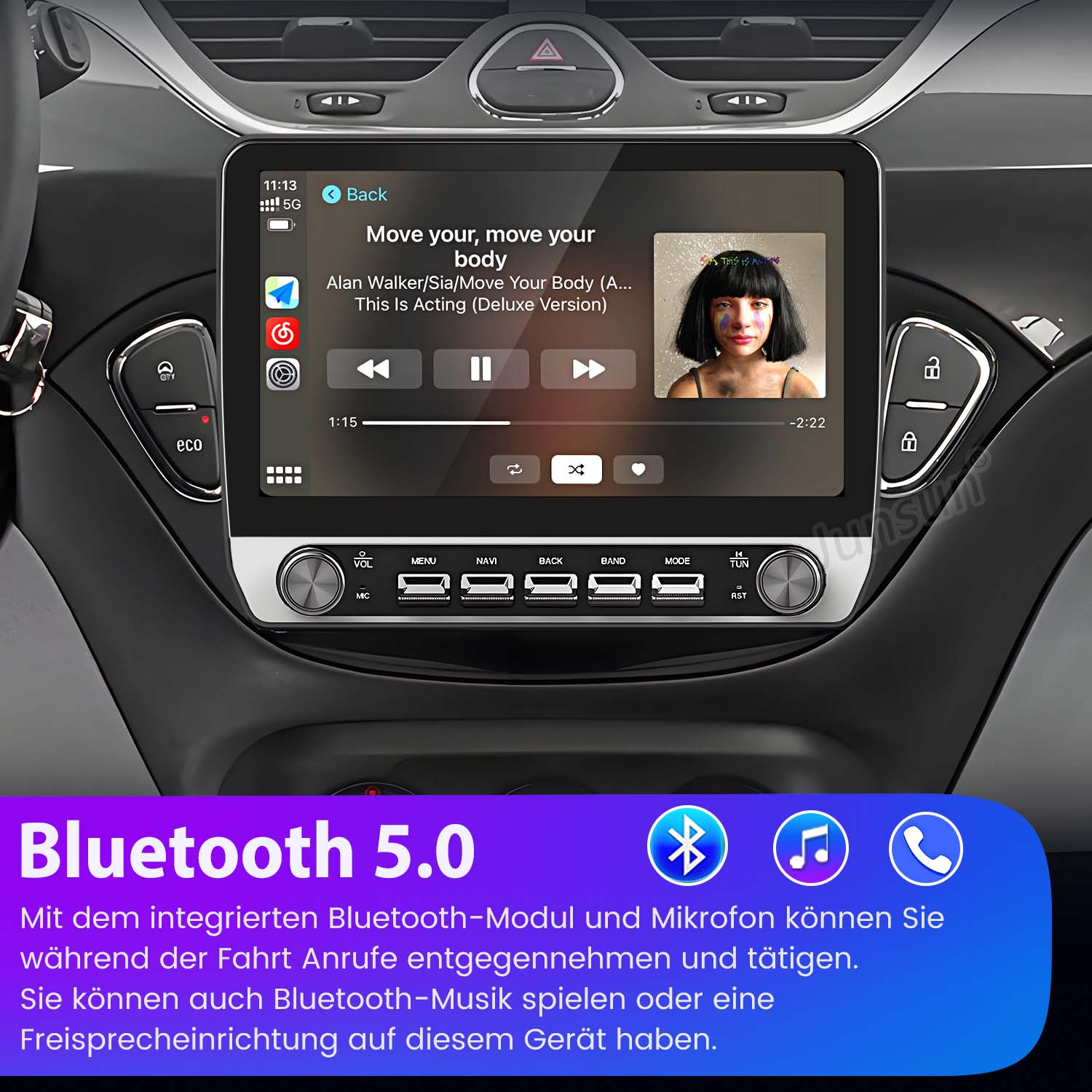 Auto-Multimedia-System, zeigt Musik-Interface, Alan Walker Song, Bedienelemente auf dem Bildschirm, Bluetooth 5.0.