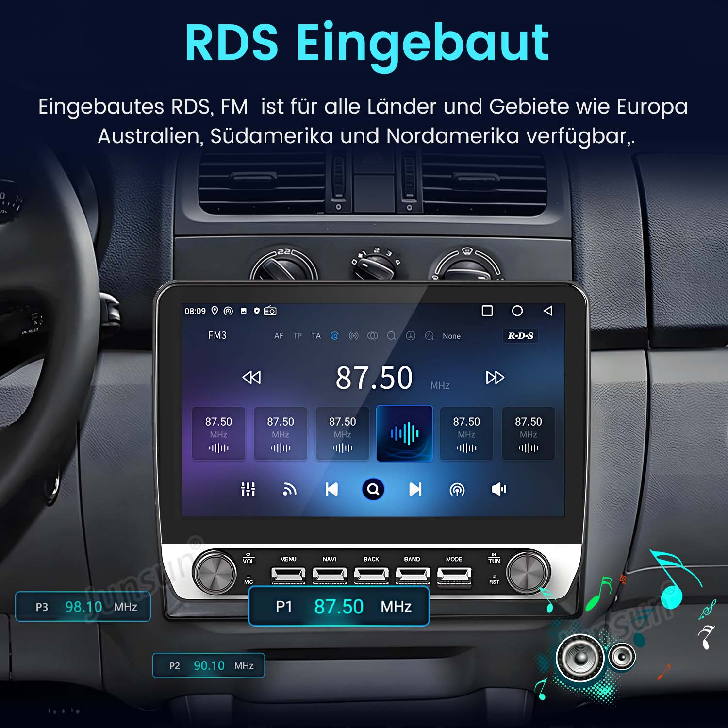 Armaturenbrett eines Autos mit Bildschirm, der UKW-Radiosteuerung zeigt. Zahlen und Tasten sind sichtbar. Der Bildschirm ist an.