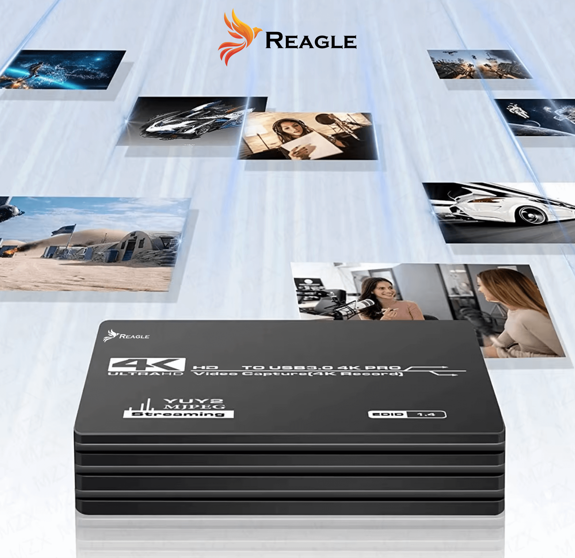 Czarne urządzenie do przechwytywania wideo z logo i obrazami. Białe tło.