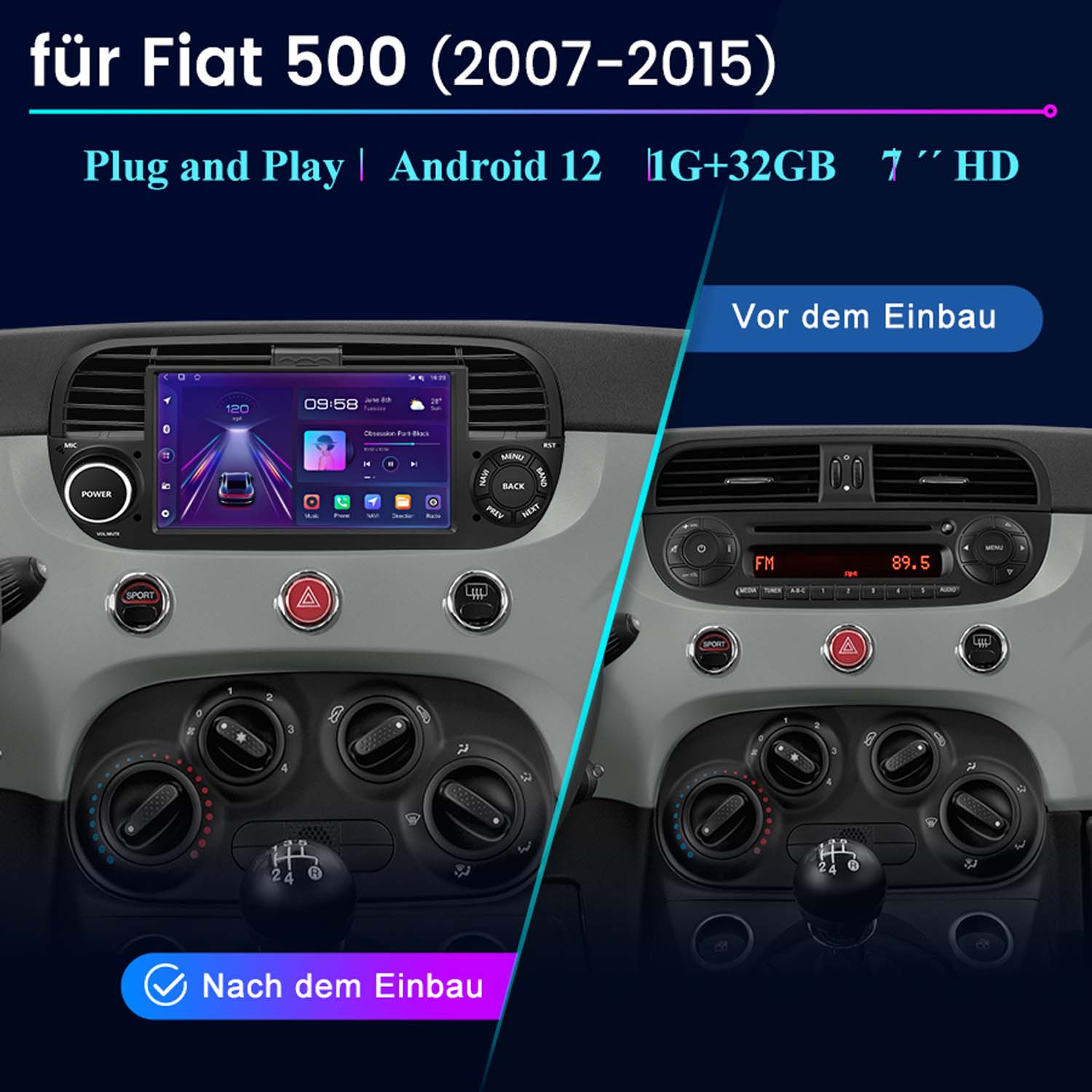 Auto-Armaturenbrett mit Bildschirm und Knöpfen. Der Bildschirm zeigt eine Navigations-App.