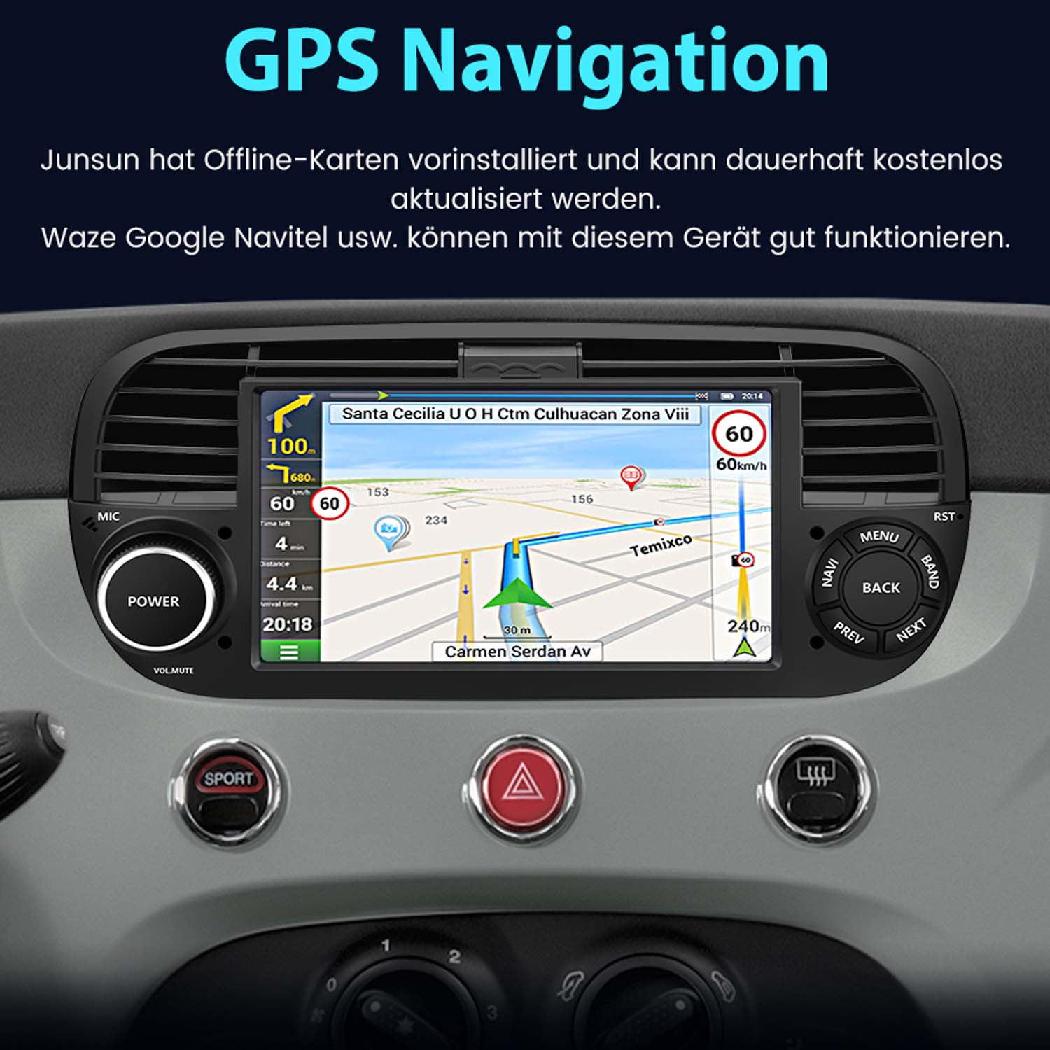 Cruscotto dell'auto con interfaccia di navigazione GPS. Visualizza una mappa e i dettagli di navigazione. L'auto è grigia.