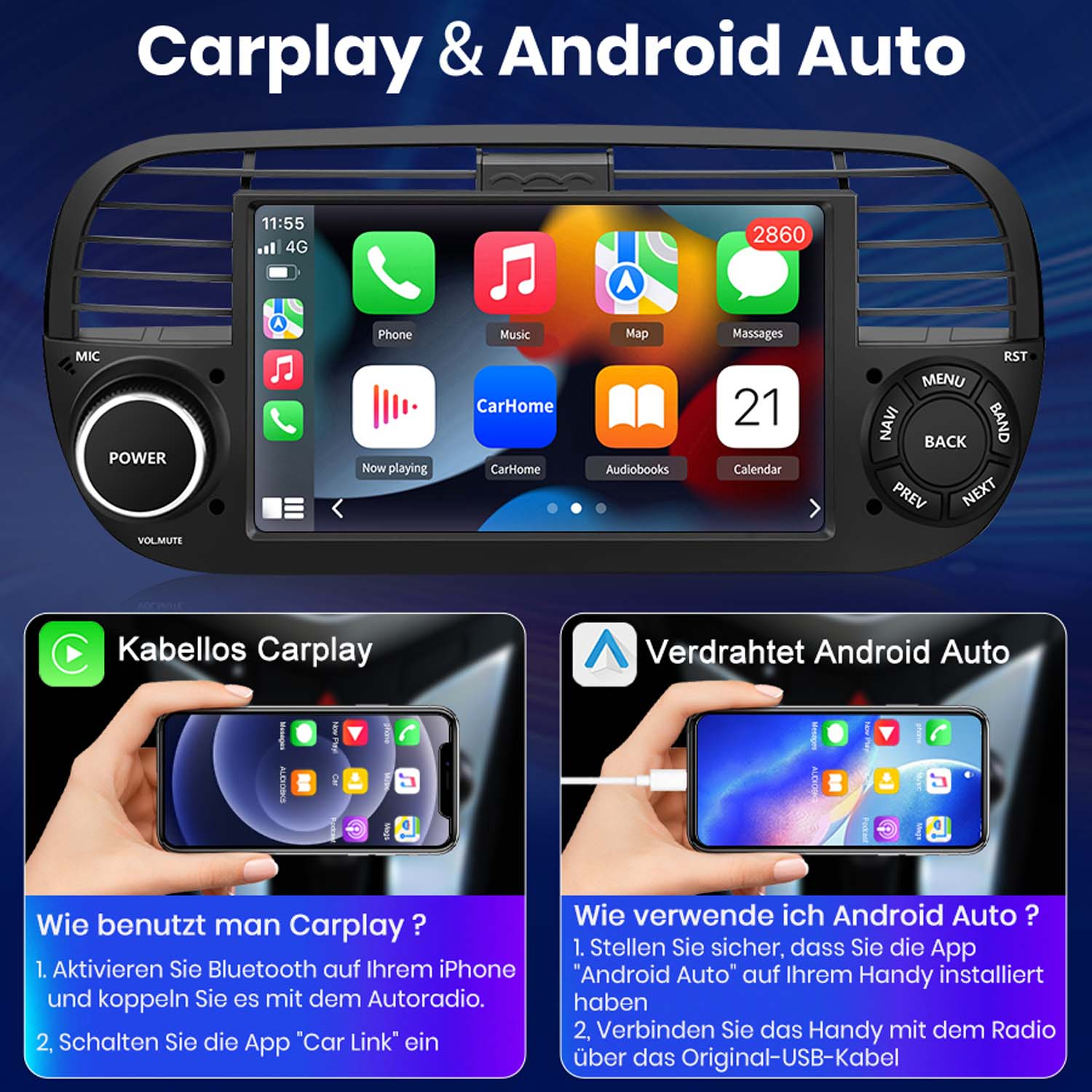 Display Carplay e Android Auto. Due telefoni mostrati, uno per ciascun sistema, con istruzioni.