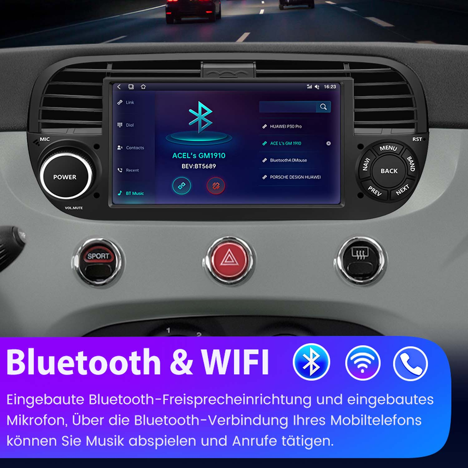 Autoradio con Bluetooth e WiFi, visualizzato sul cruscotto di un'auto.