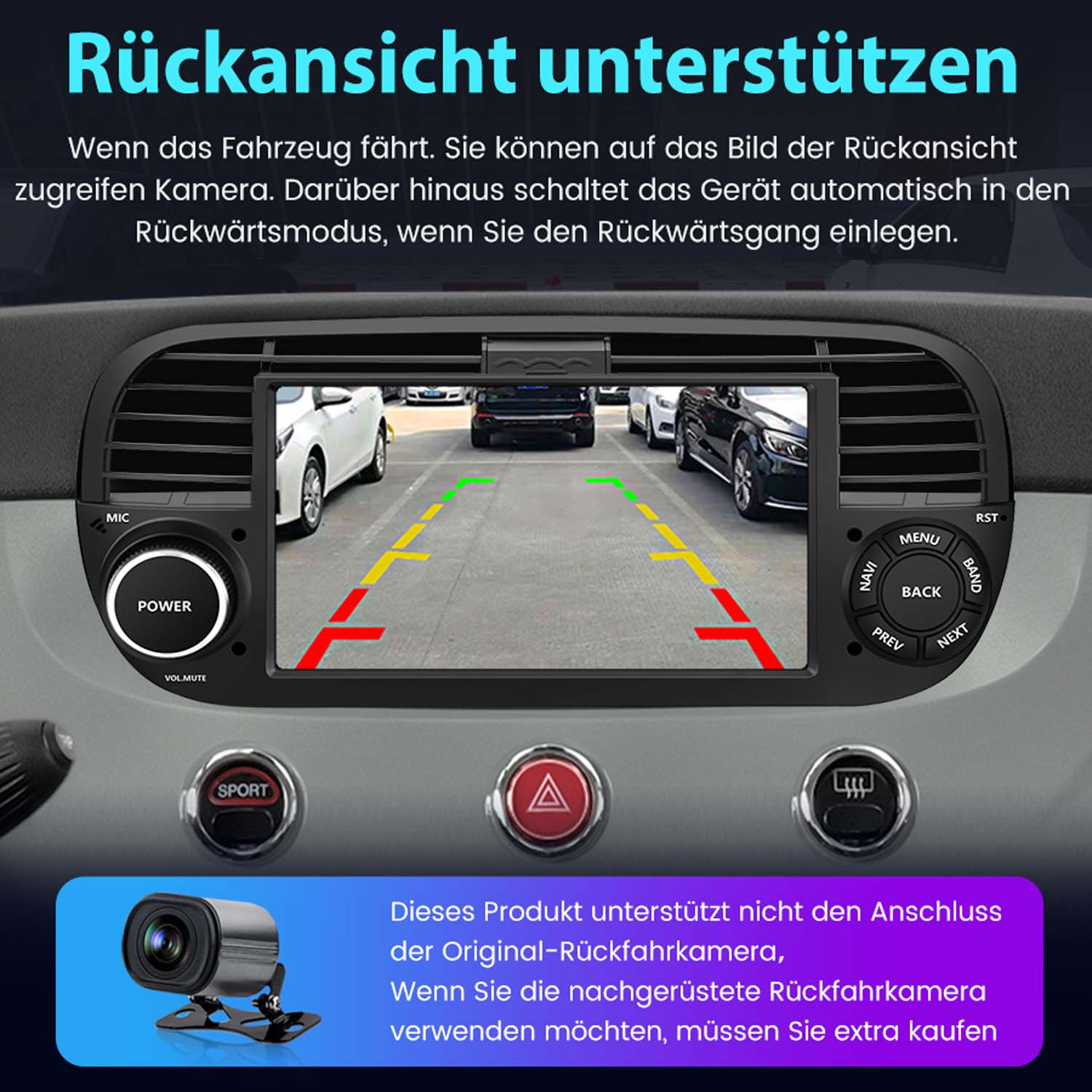 Cruscotto dell'auto con schermo che mostra la telecamera posteriore e testo in tedesco.