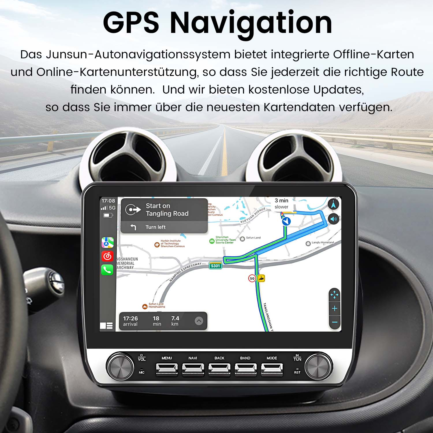 Ekran samochodowego systemu nawigacji wyświetlający mapę z instrukcjami trasy i tytułem Nawigacja GPS.