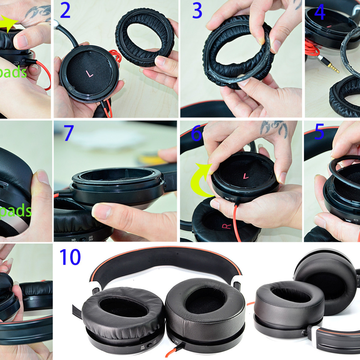 Instructions pour remplacer les coussinets d'oreille sur les écouteurs. Plusieurs étapes sont présentées, avec des images en gros plan.