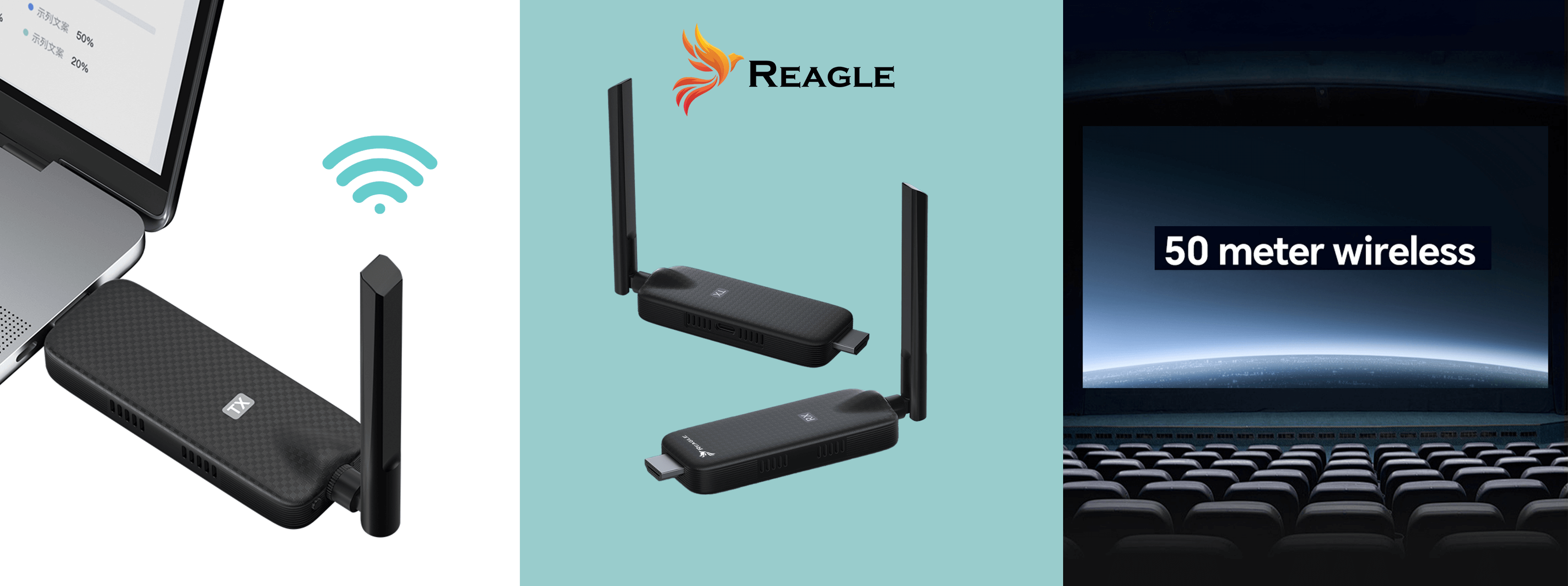 Adapter bezprzewodowy z antenami, laptop i logo Reagle. Ikona sygnału bezprzewodowego nad adapterem.