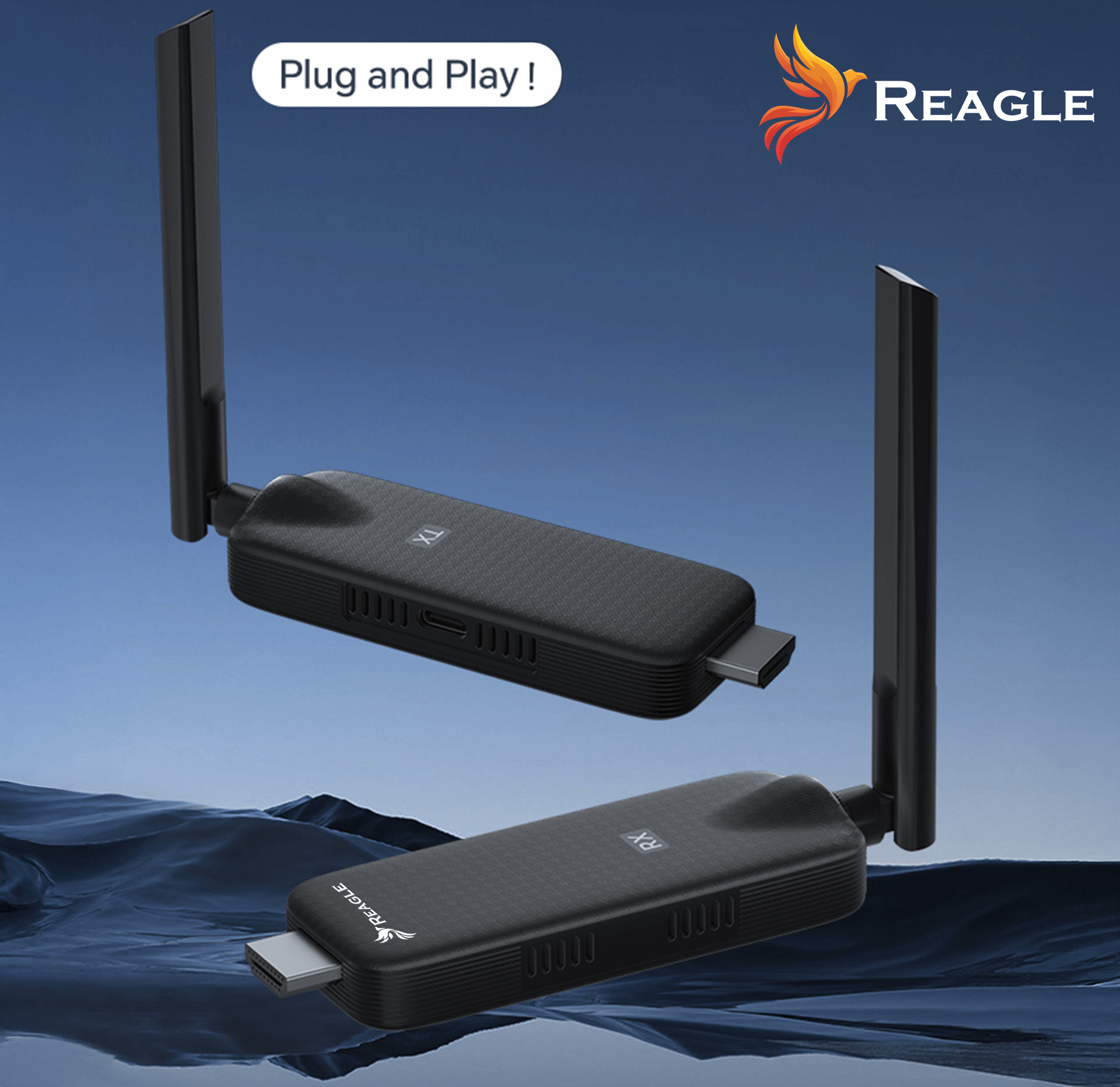 Czarne urządzenie sieciowe z dwiema antenami, oznaczone 'REAGLE' i 'Plug and Play'.