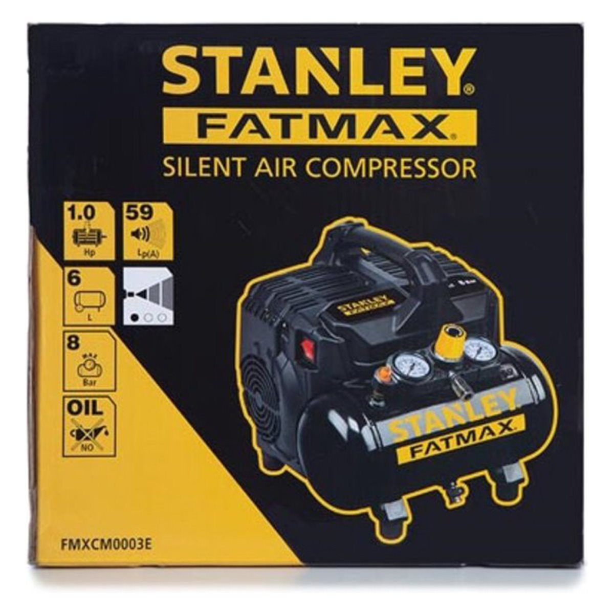 Ein Stanley Fatmax Silent-Luftkompressor in seinem Karton. Die Box ist gelb und schwarz.