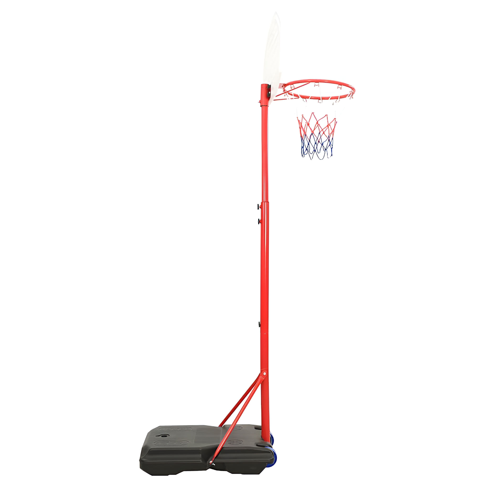 Ein roter Basketballkorb mit Netz steht aufrecht, mit schwarzer Basis. Weißer Hintergrund.