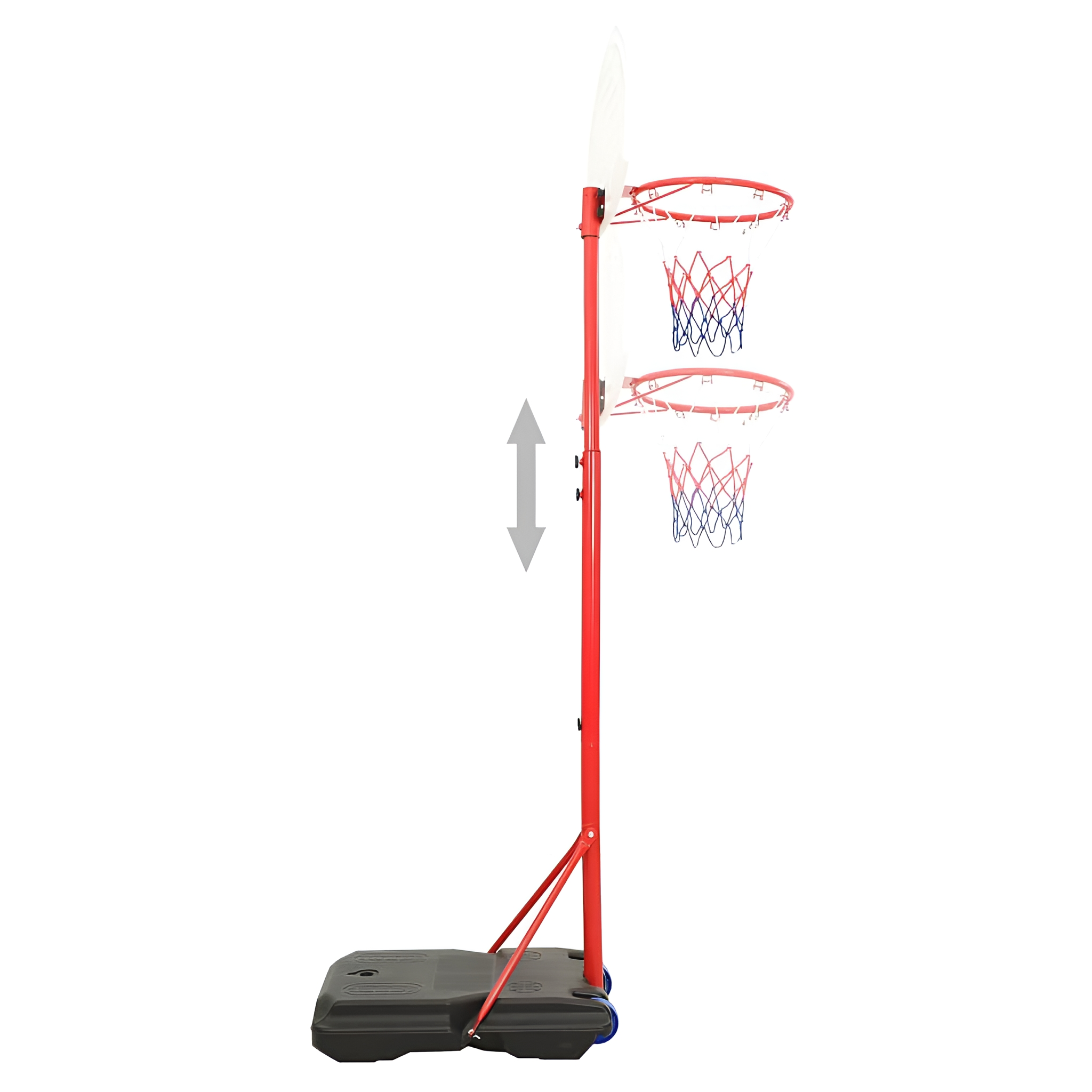 Ein rotes Basketballkorb-Set mit zwei verstellbaren Körben und einem schwarzen Sockel, auf weißem Hintergrund.