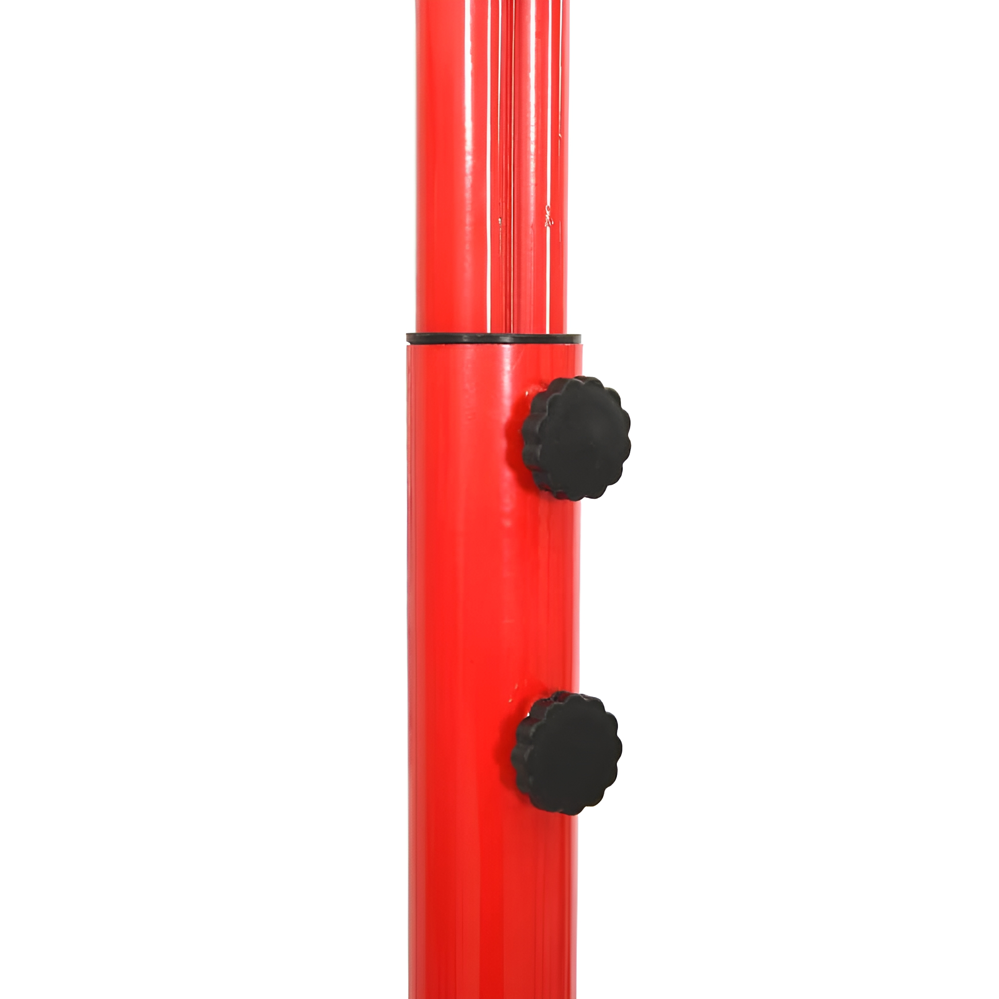 Rote Metallstange mit schwarzen Knöpfen zur Höhenverstellung. Weißer Hintergrund.
