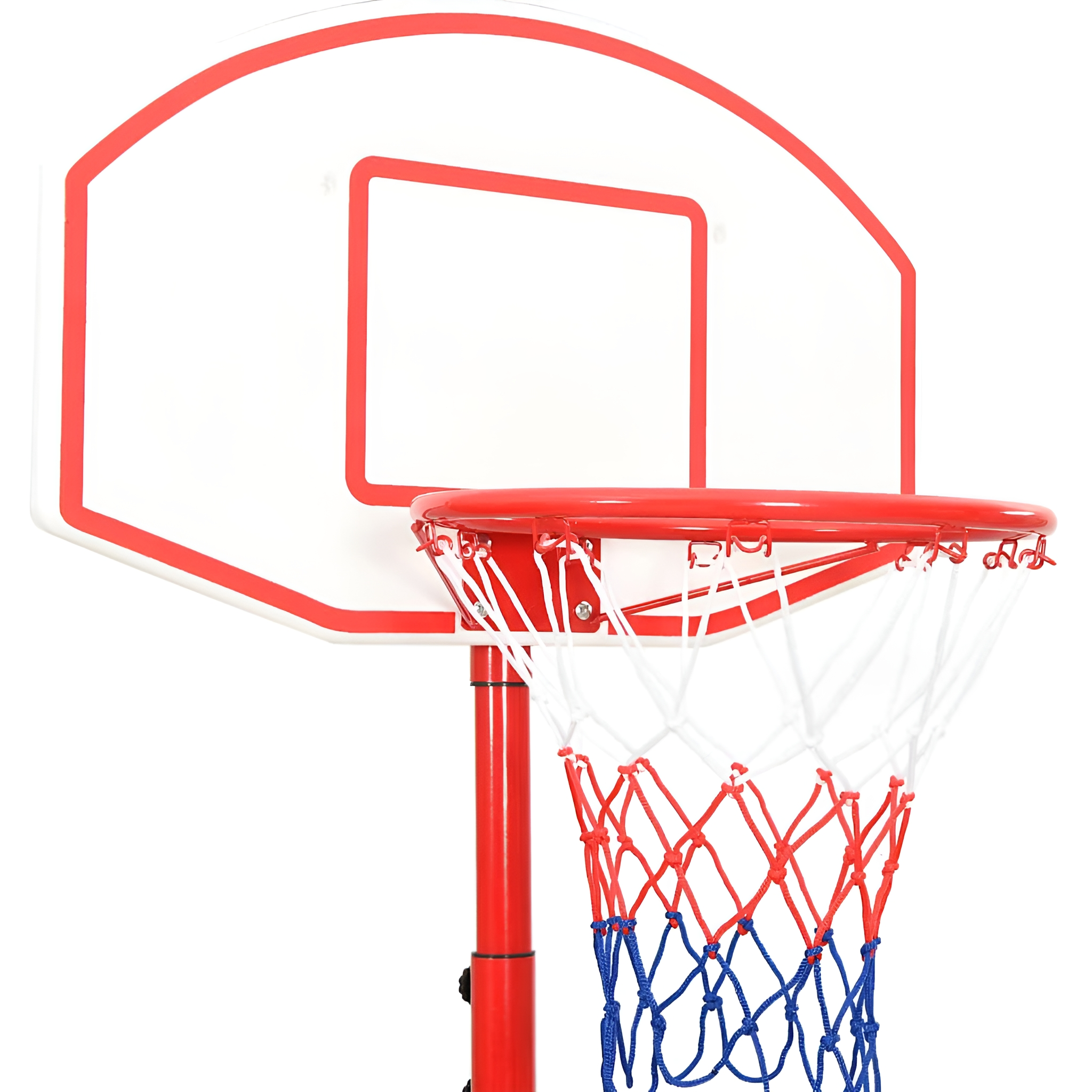 Roter und weißer Basketballkorb mit Netz vor weißem Hintergrund.