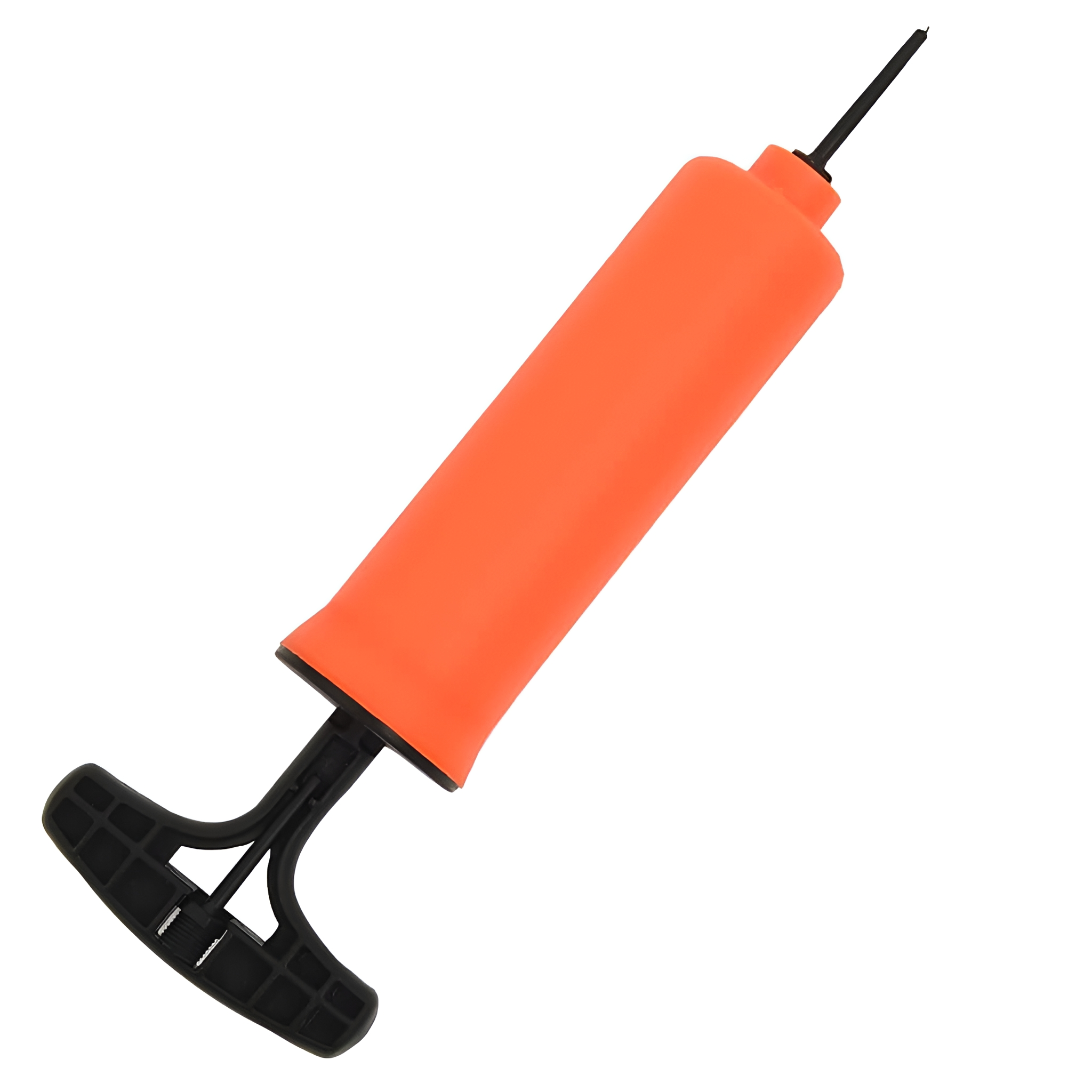 Eine orangefarbene Handpumpe mit einem schwarzen Griff. Die Pumpe wird zum Aufpumpen von Bällen oder anderen Gegenständen verwendet.