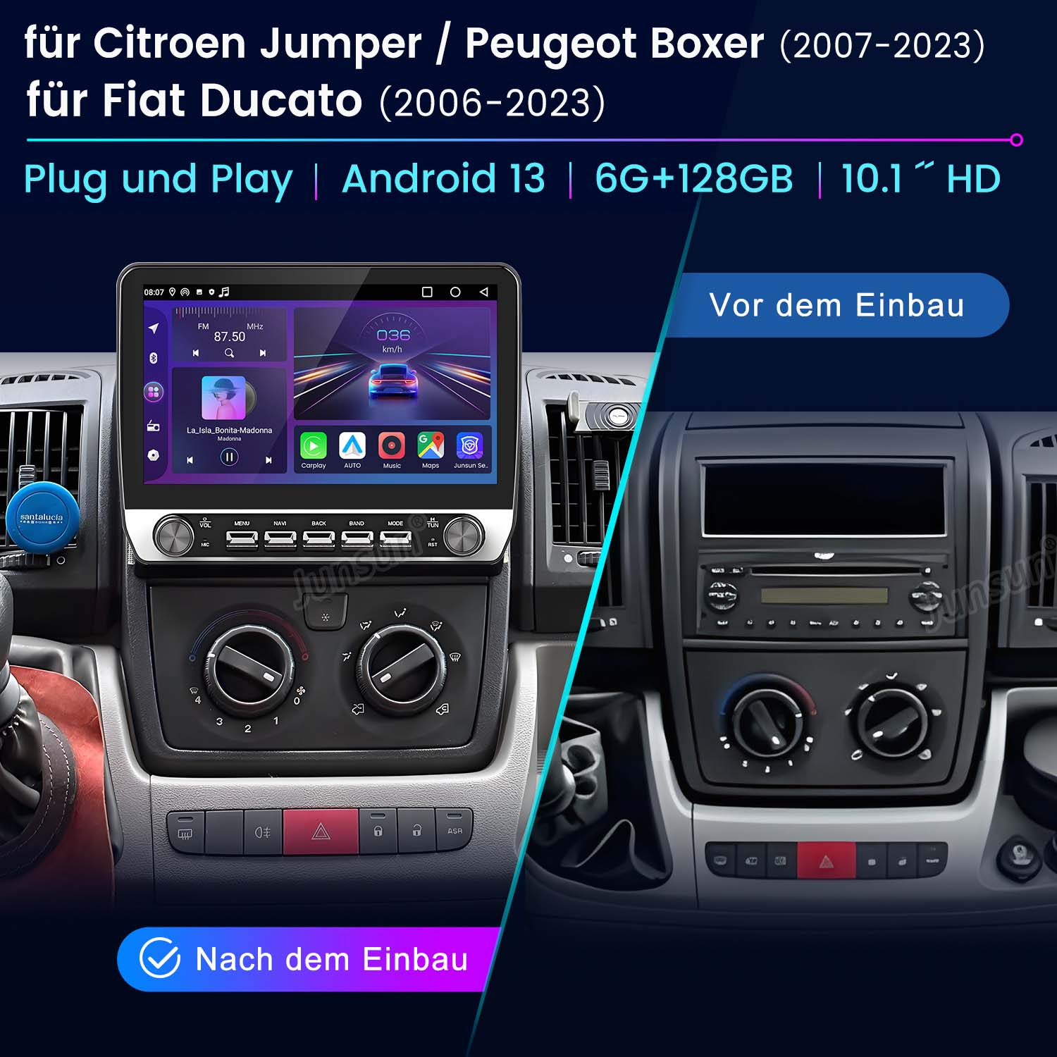 Autoradio-Display vor und nach der Installation. Auto-Innenraum. Text auf Deutsch. Weißer Hintergrund.