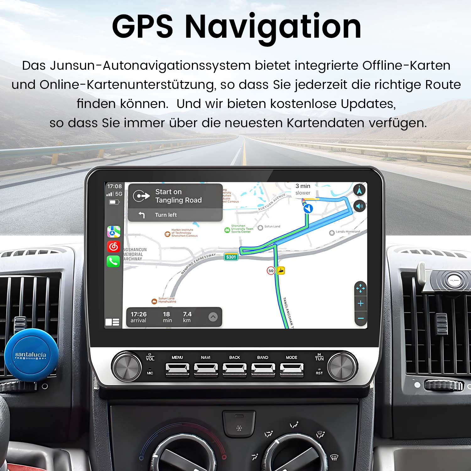 GPS-Navigationssystem mit Karte und Armaturenbrett im Vordergrund.