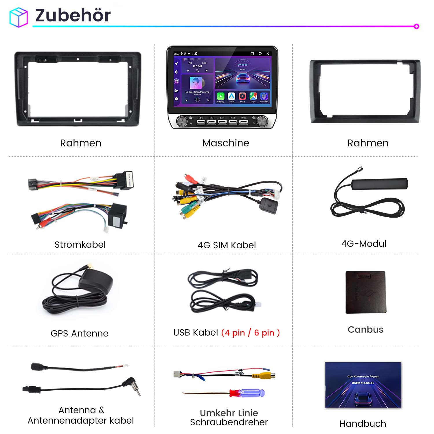 Verschiedenes Zubehör für Auto-Multimedia, einschließlich Rahmen, Bildschirm, Kabel, Antenne und USB-Kabel.