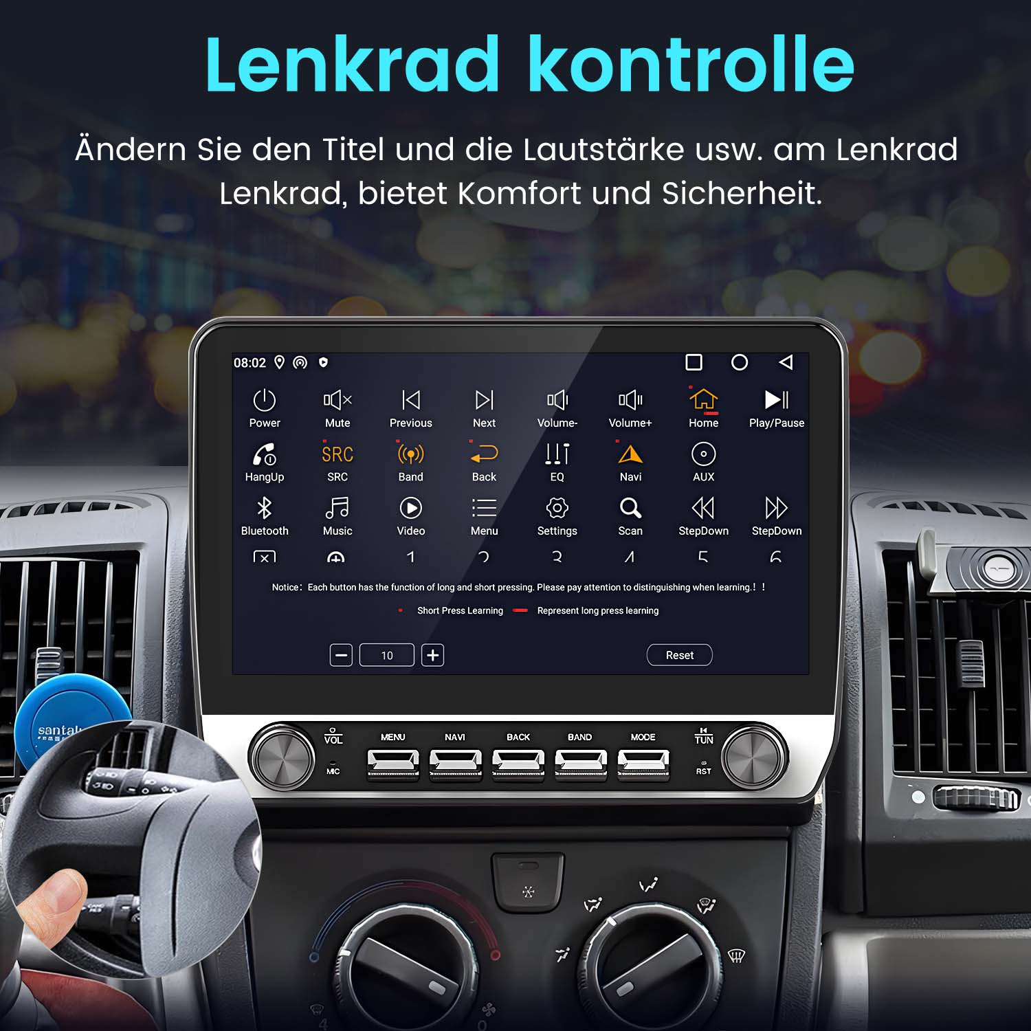 Armaturenbrett eines Autos mit Bildschirm, der Einstellungen und Bedienelemente anzeigt.