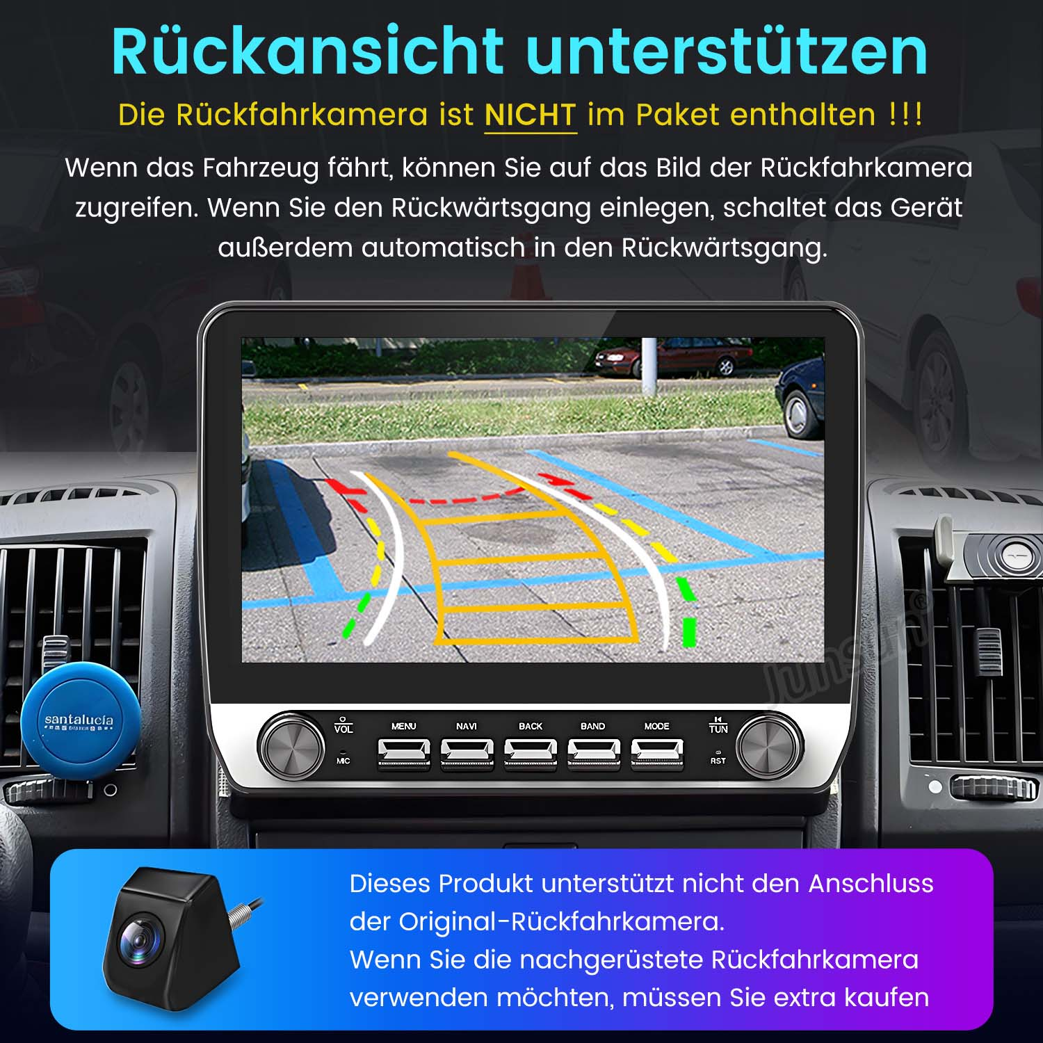 Auto-Innenanzeige. Zeigt eine Rückfahrkameraview. Text auf Deutsch.