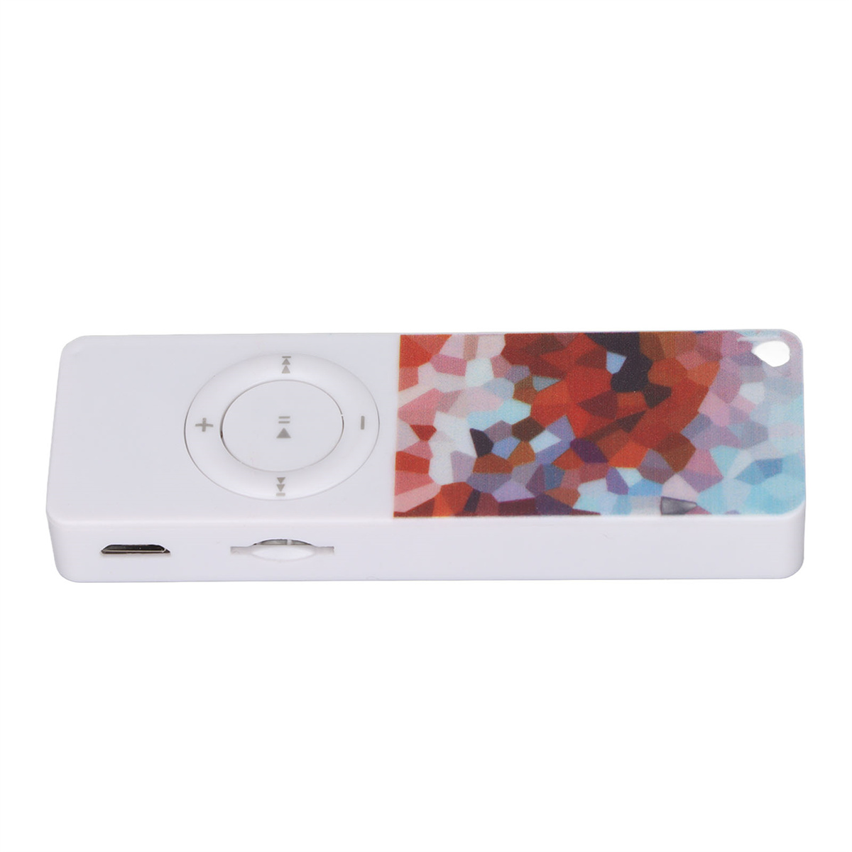 Kleiner weißer Musikplayer mit farbigem Mosaikdesign.