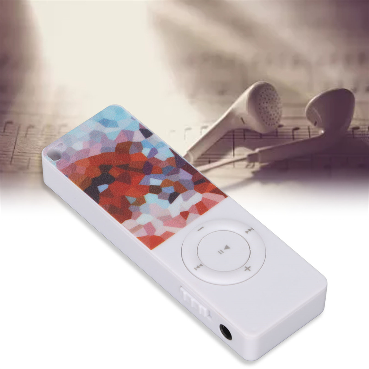 Weißer MP3-Player mit farbenfrohem Design, Kopfhörern und Notenhintergrund.