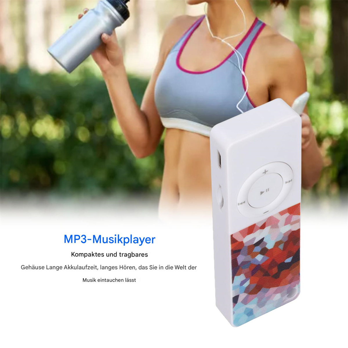Ein weißer und farbenfroher MP3-Musikplayer, der von einer Frau gehalten wird, mit dem Text 'MP3-Musikplayer'.