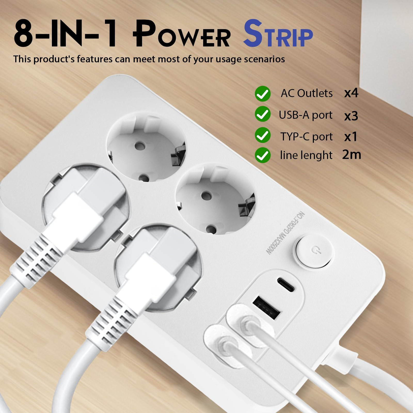 Weiße Steckdosenleiste mit 4 AC-, 3 USB-A- und 1 USB-C-Anschlüssen. Stecker eingesteckt. Merkmale und Spezifikationen.