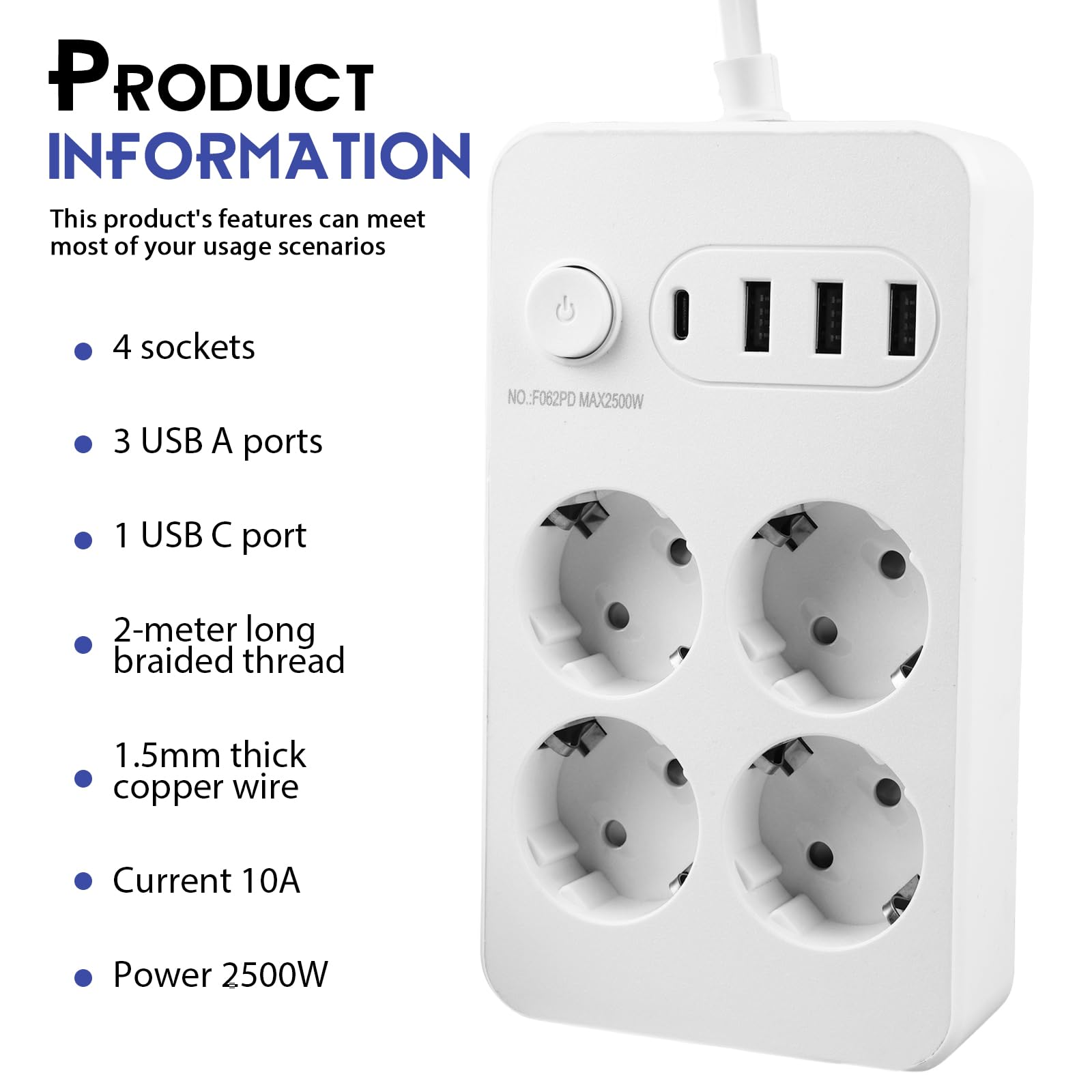 Eine weiße Steckdosenleiste mit vier Steckdosen, USB-Anschlüssen und Produktinfo.