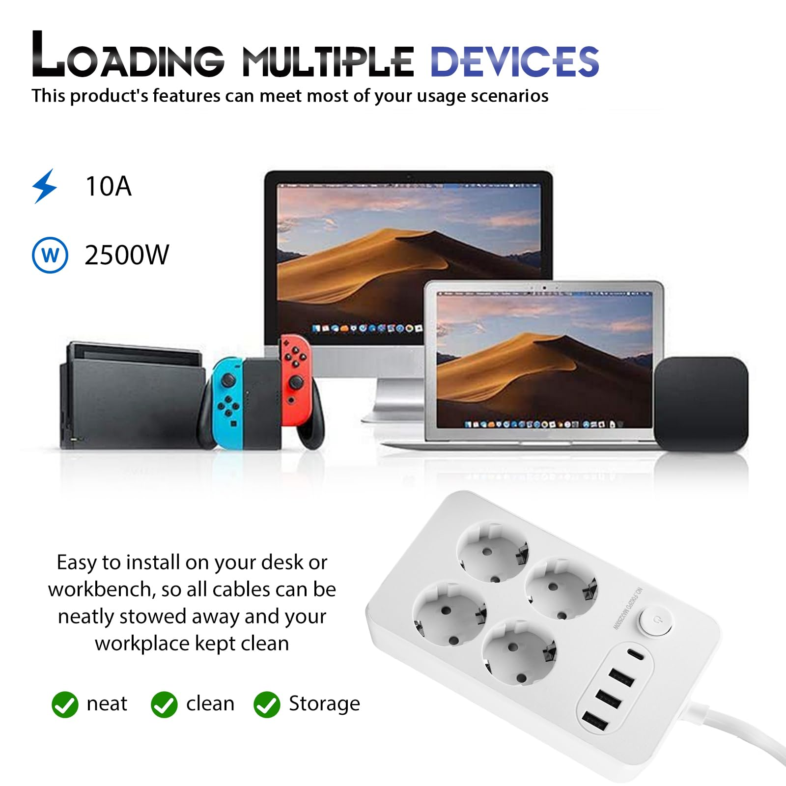 Ein weißer Mehrfachstecker mit 4 Steckdosen und 3 USB-Anschlüssen. An mehrere Geräte angeschlossen.