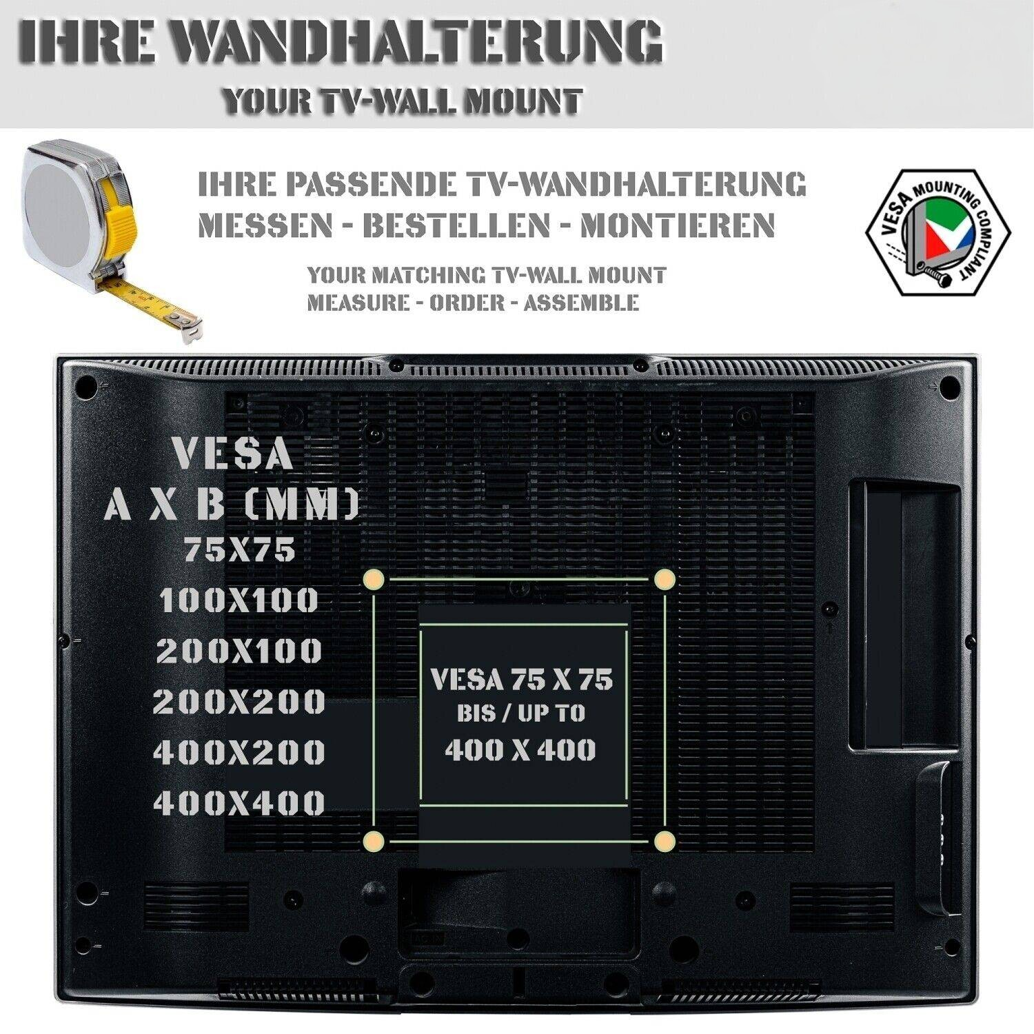 Ein schwarzer Fernseher mit Text und Diagrammen für die Montageanleitung auf der Rückseite.