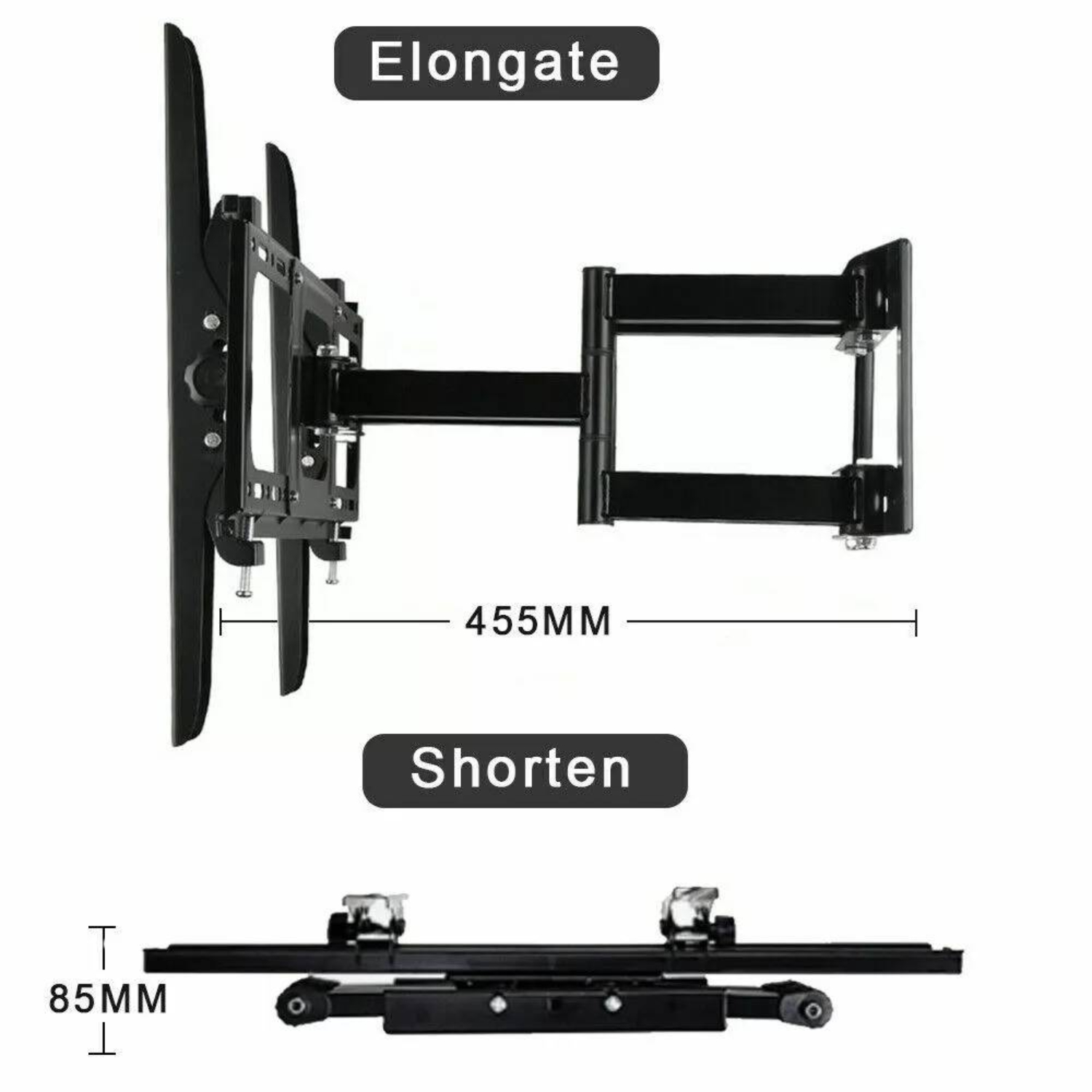 Schwarze TV-Halterung, verstellbar, mit den Maßen 455 mm und 85 mm.