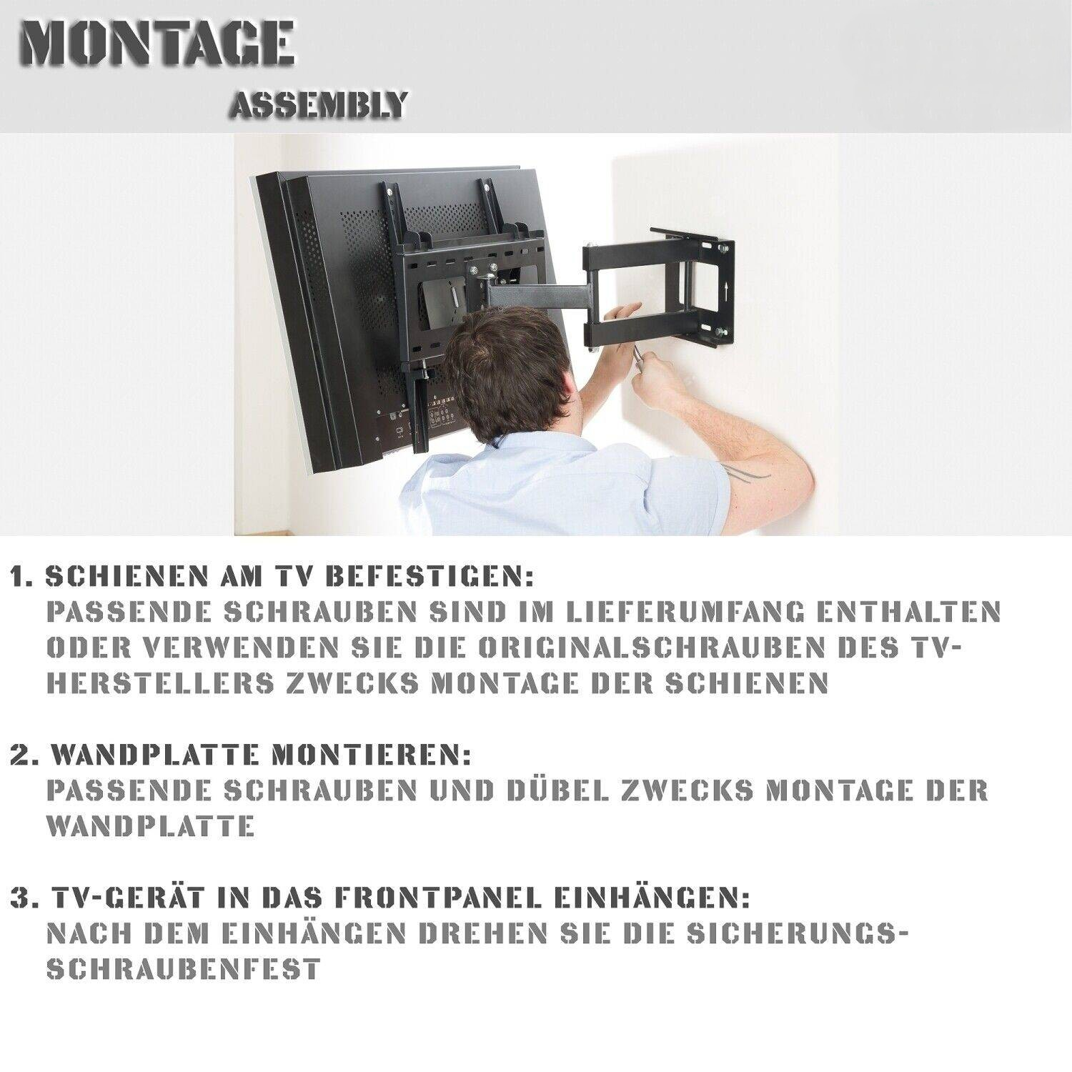 Mann montiert einen Fernseher an einer Wand. Anweisungen mit Text auf Deutsch. Schrauben werden erwähnt.