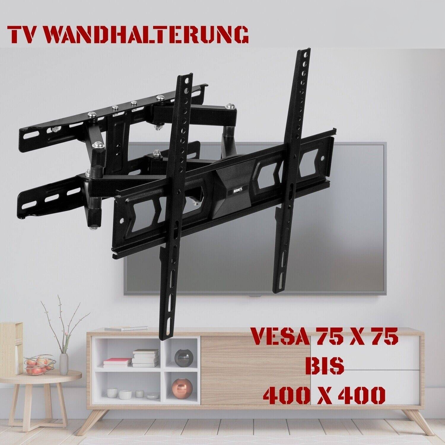 Eine TV-Wandhalterung ist an einer Wand über einem Schrank montiert. Text sagt 'TV-WANDHALTERUNG'.