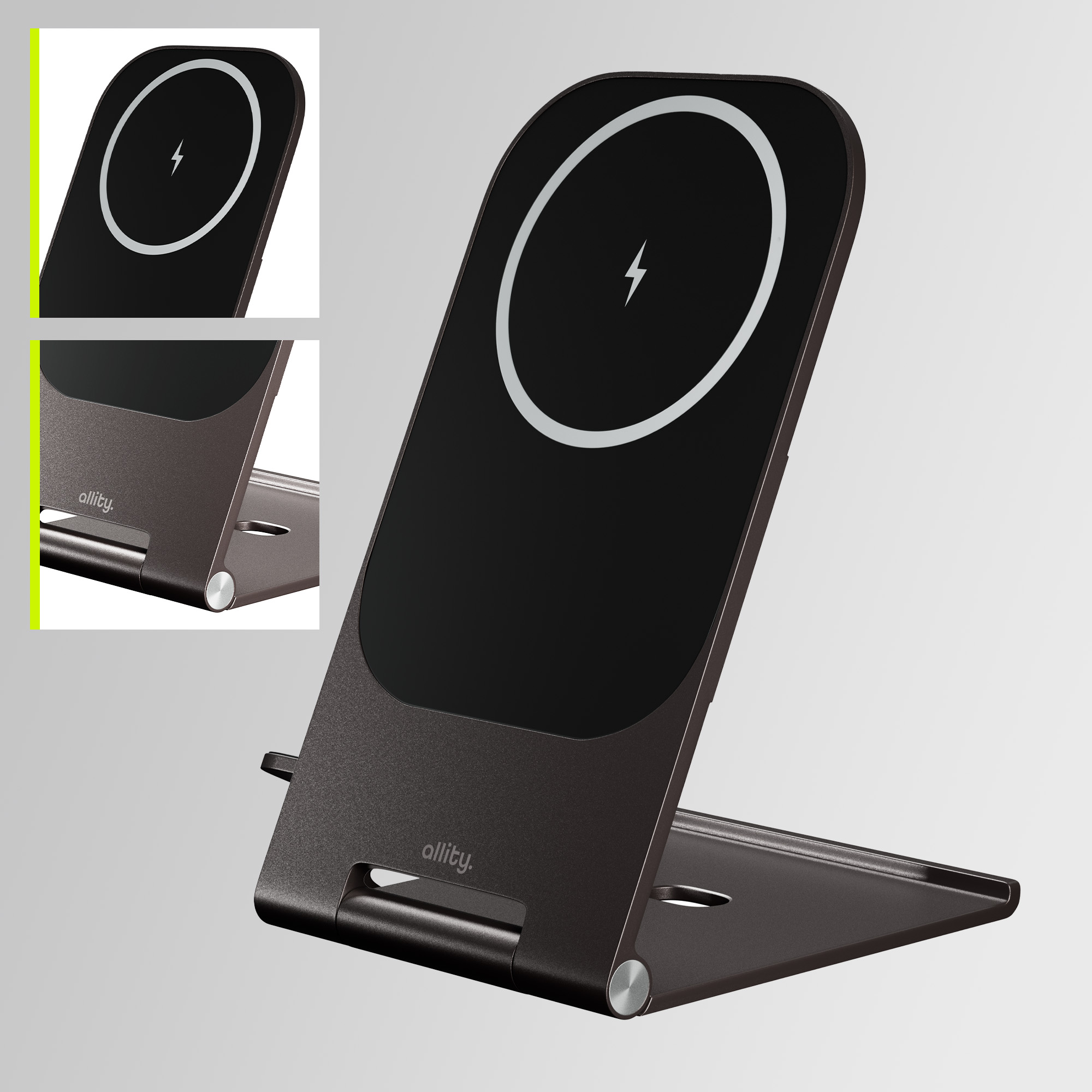 Stojak do ładowarki bezprzewodowej. Stojak jest czarny i ma biały okrąg do ładowania. Marka to Allity.