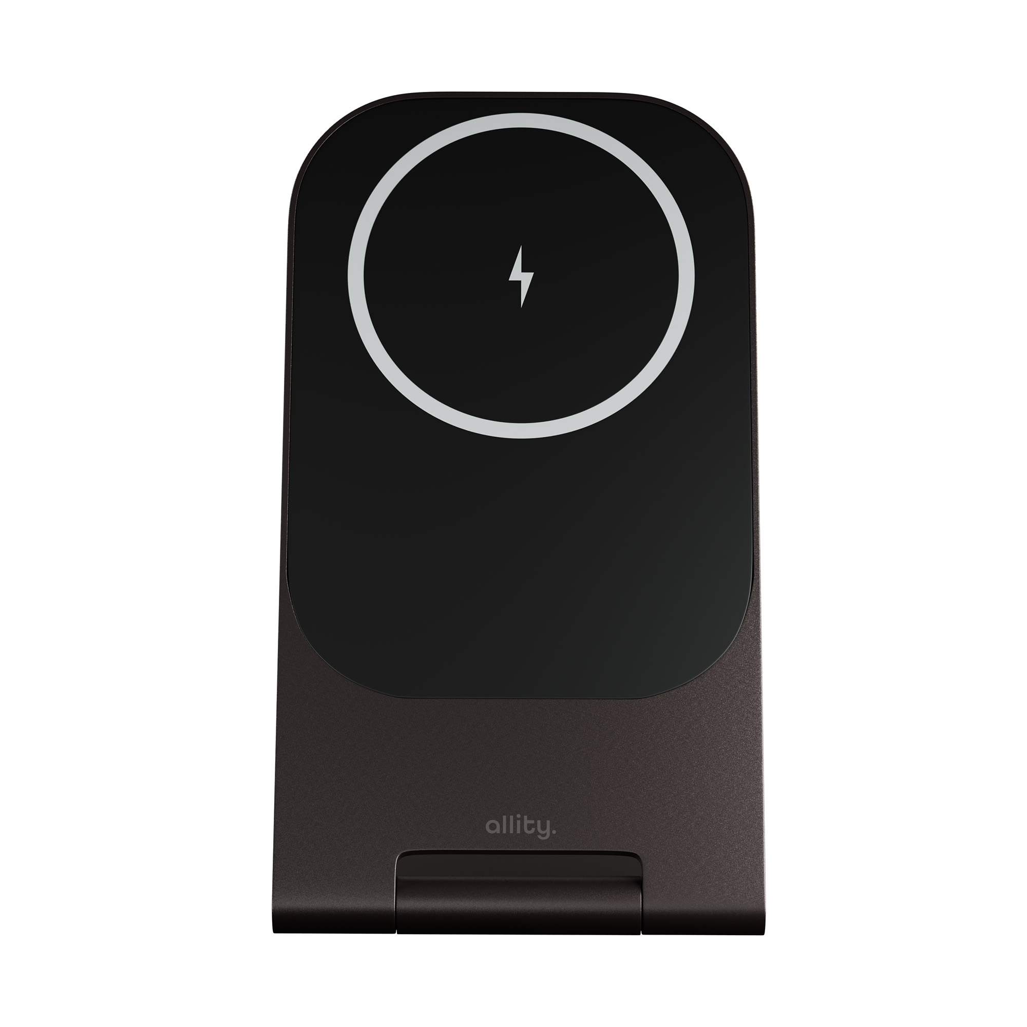 Czarna i brązowa bezprzewodowa podkładka ładująca. Symbol błyskawicy na górze.