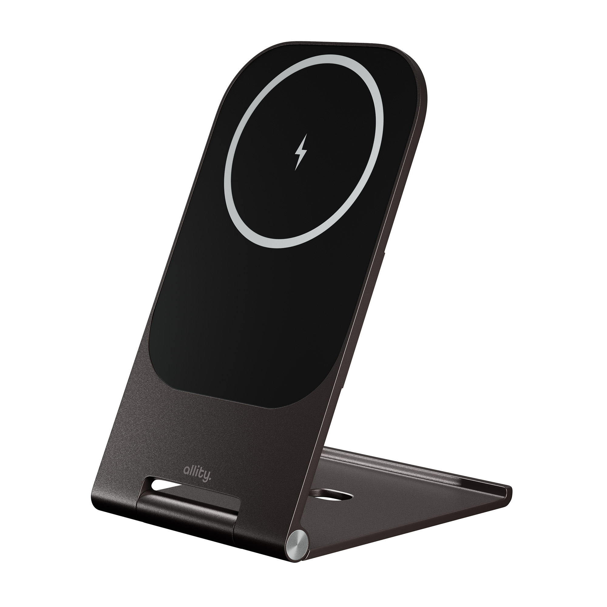 Czarny bezprzewodowy stojak ładujący z białym okręgiem ładowania i logo.