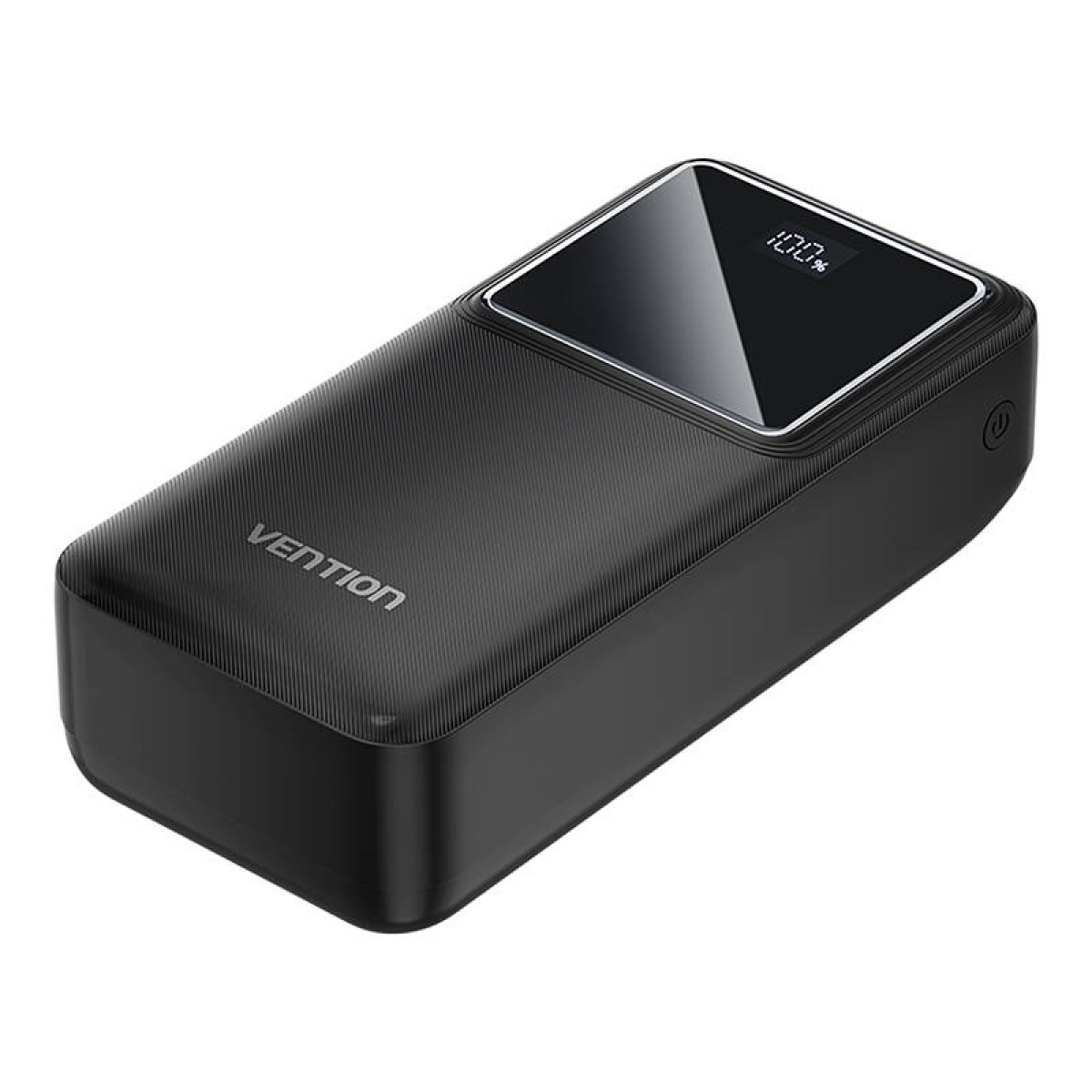 Eine schwarze Vention Powerbank mit Anzeige, die 100% anzeigt, auf weißer Oberfläche, schräge Ansicht.