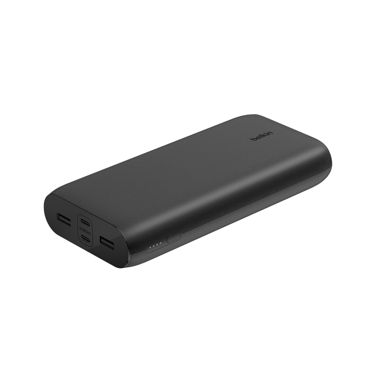 Une batterie externe Belkin noire avec deux ports USB et un voyant d'alimentation.