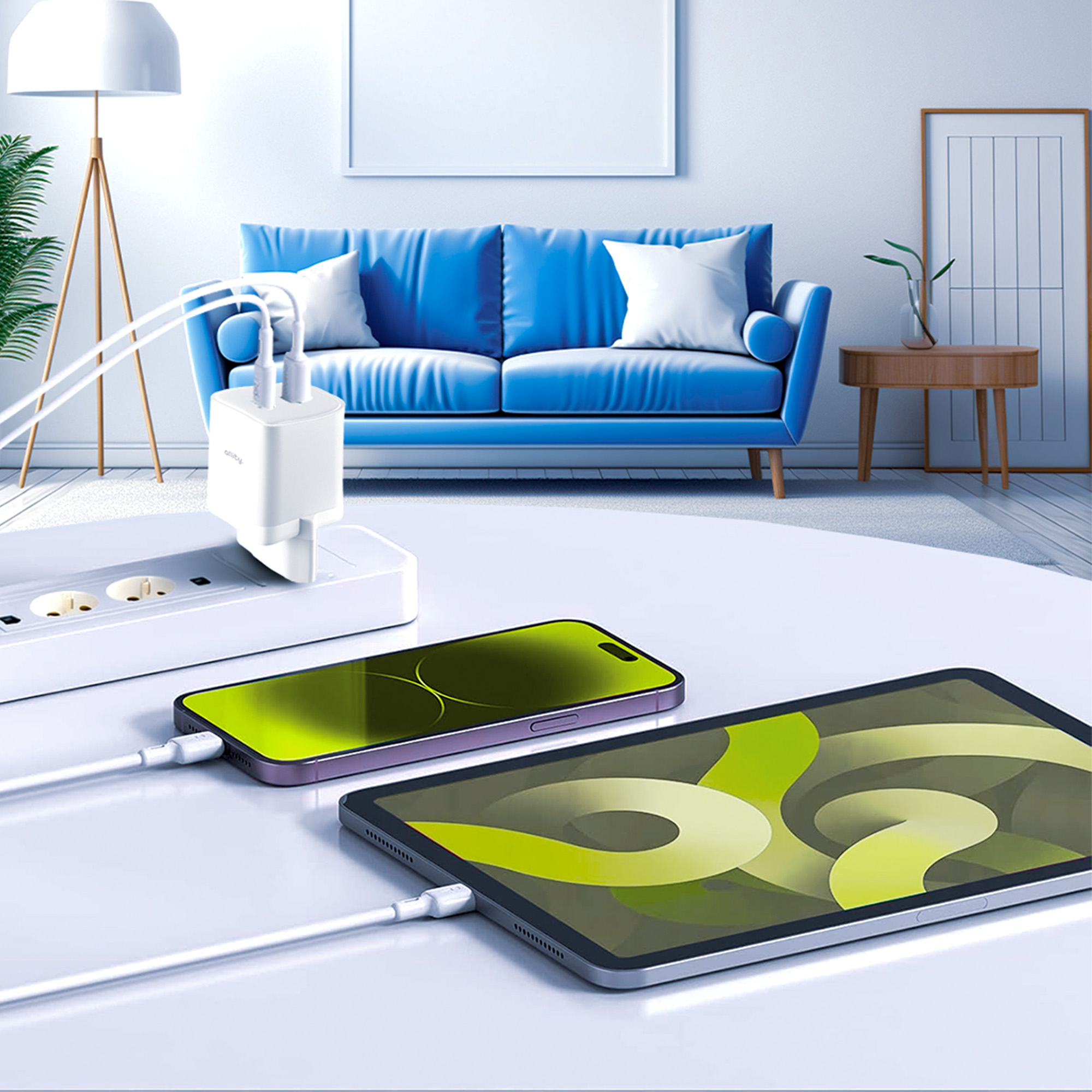 Biała ładowarka podłączona do listwy zasilającej, ładująca telefon i tablet na stole.