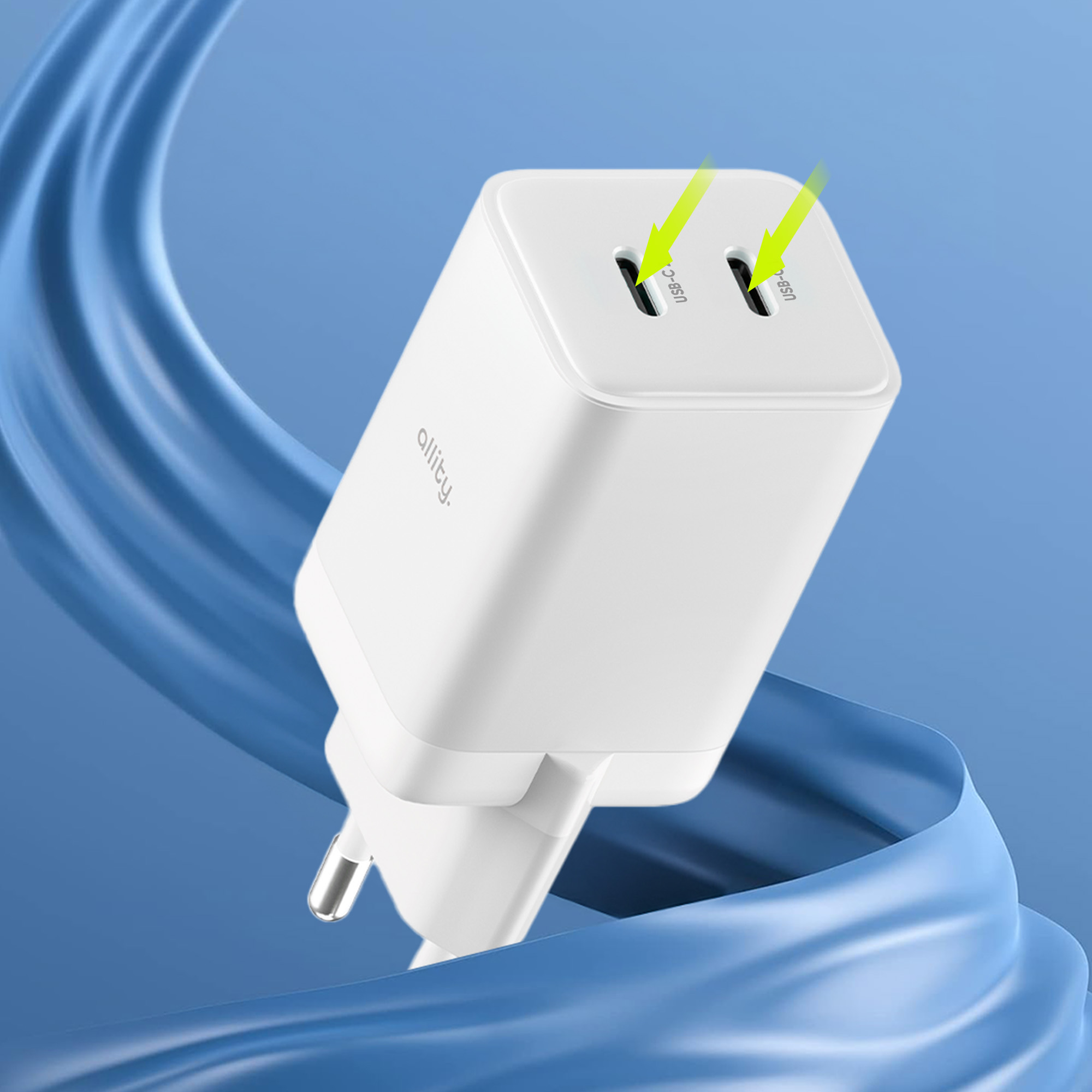 Biała ładowarka z dwoma portami USB-C. Niebieskie tło z płynnym wzorem.