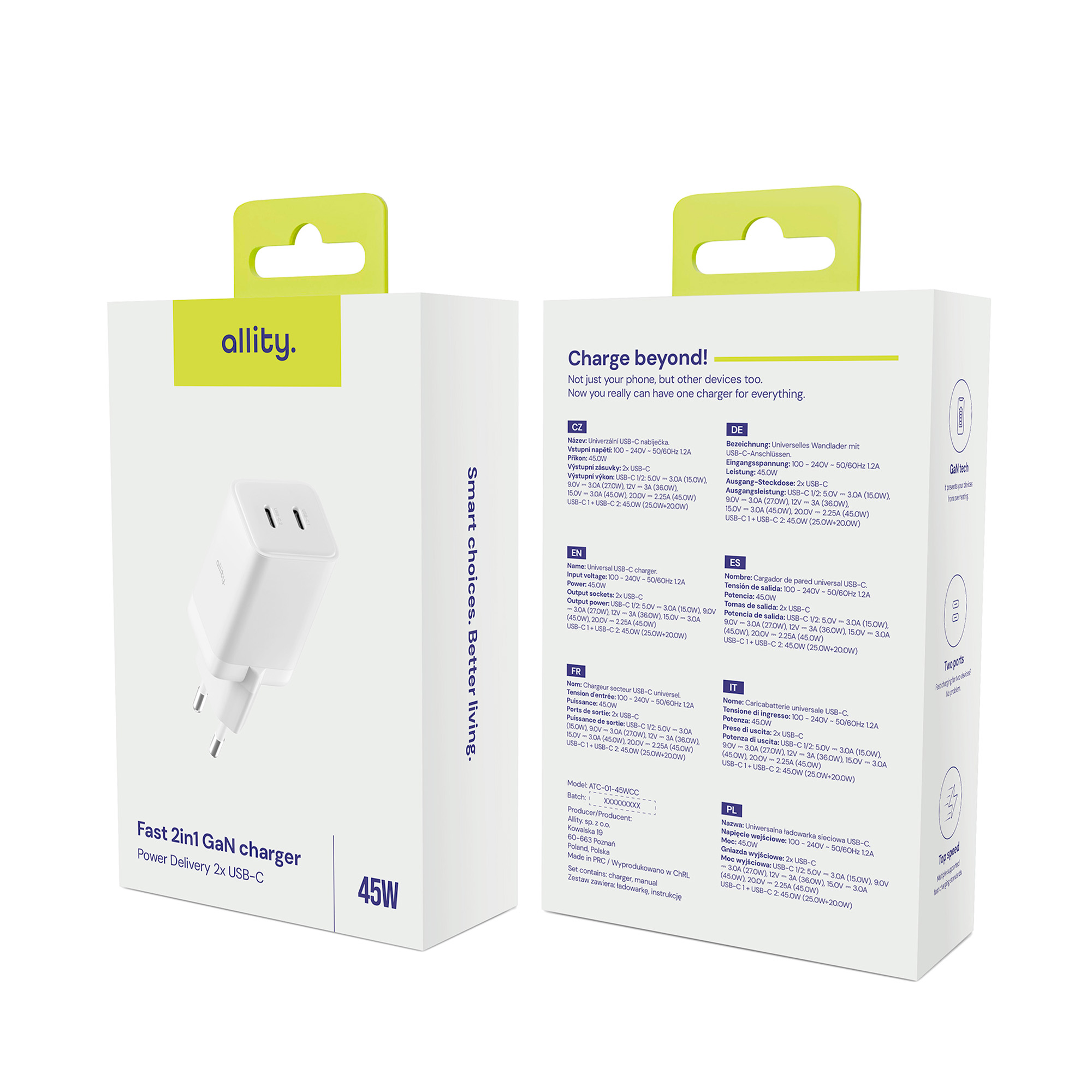Dwa pudełka ładowarki. Pudełka zawierają ładowarkę. Tekst z informacjami o produkcie.