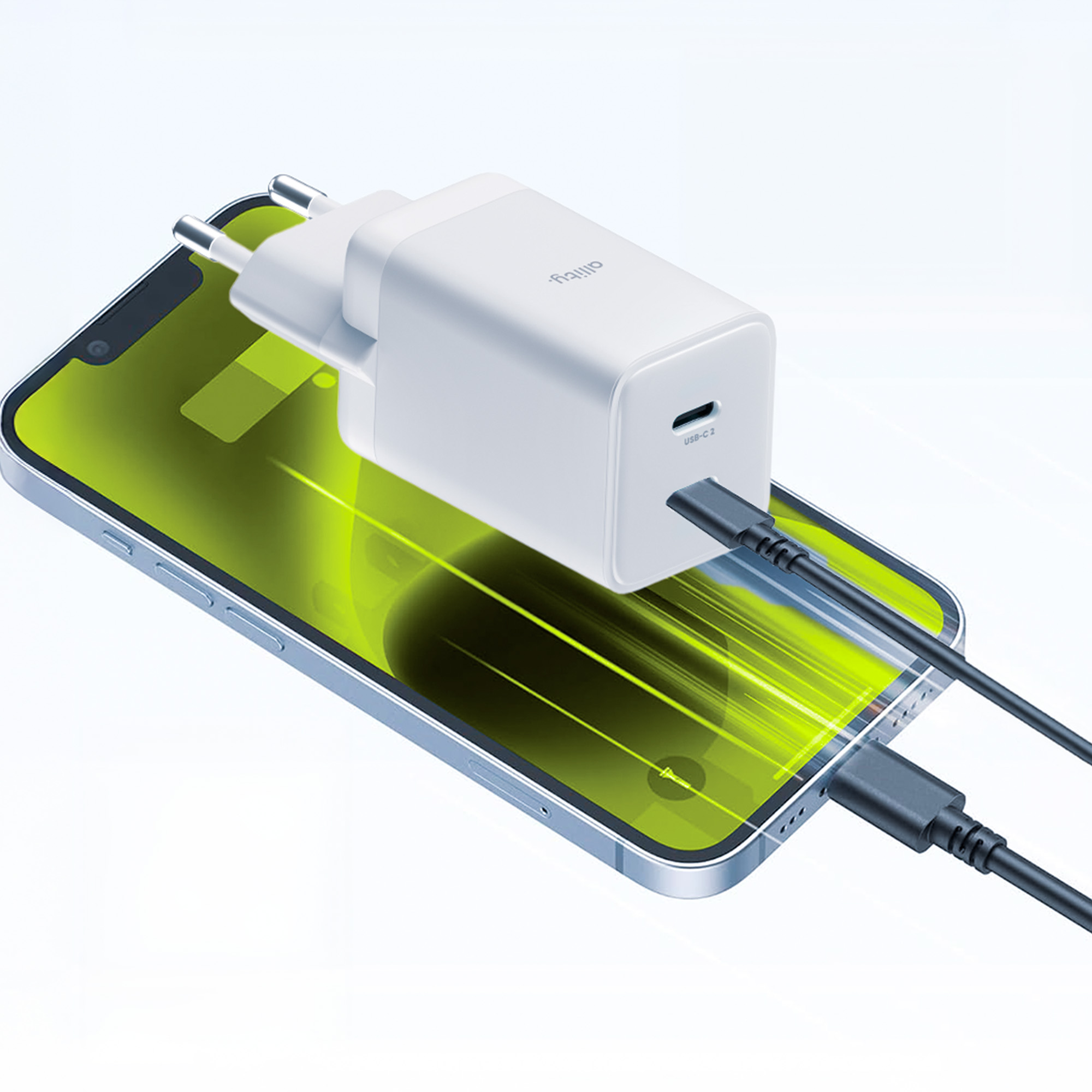 Biała ładowarka podłączona do telefonu z zielonym ekranem, połączona czarnym kablem.