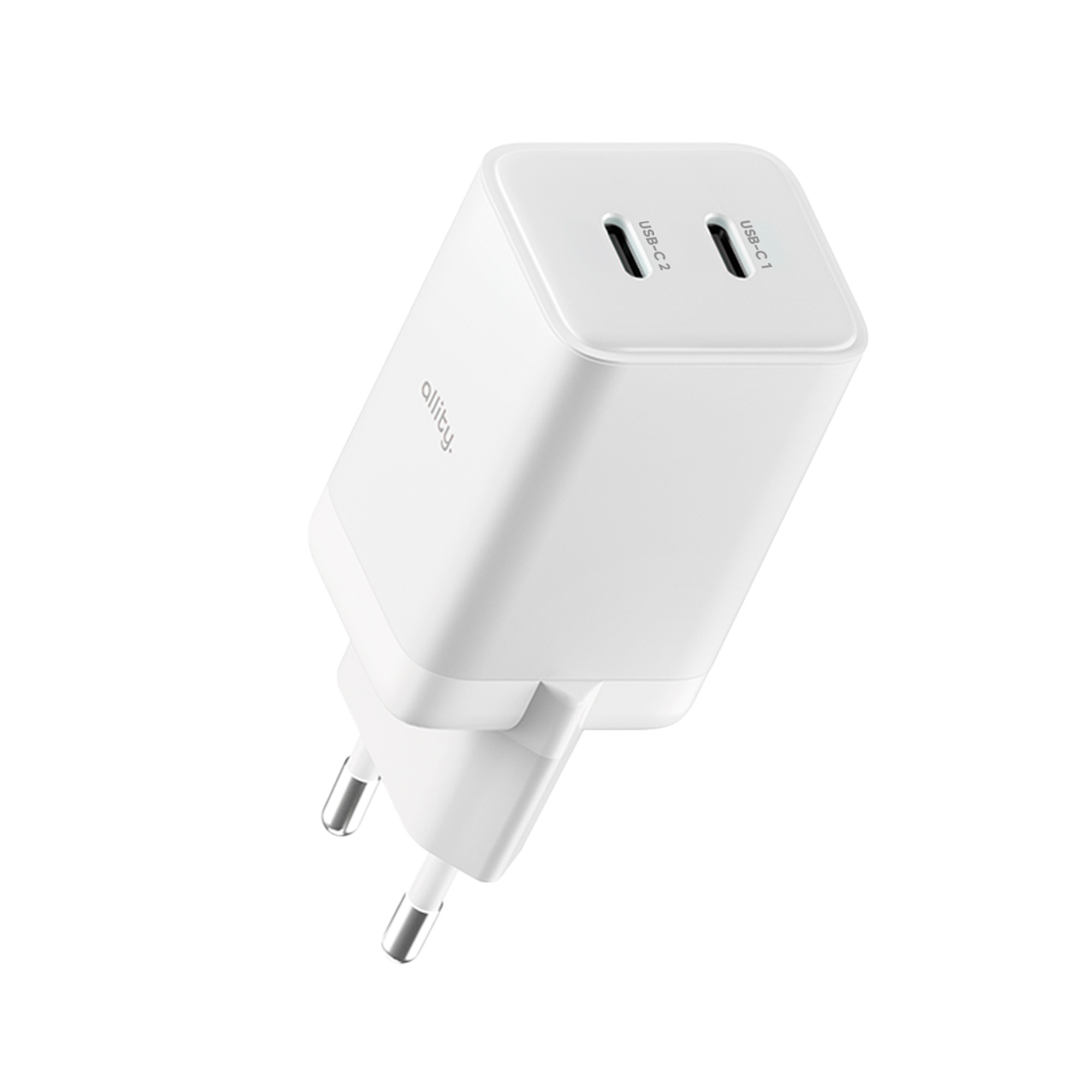 Biała ładowarka USB z dwoma portami USB-C i dwoma bolcami, na białym tle.