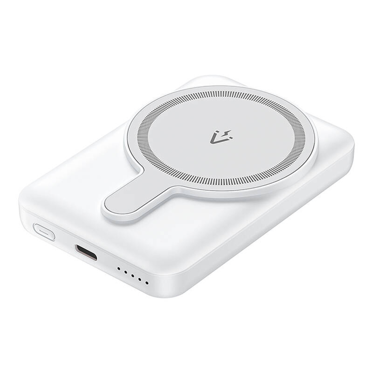 Ein weißes kabelloses Ladegerät mit kreisförmiger Ladefläche und USB-C-Anschluss.