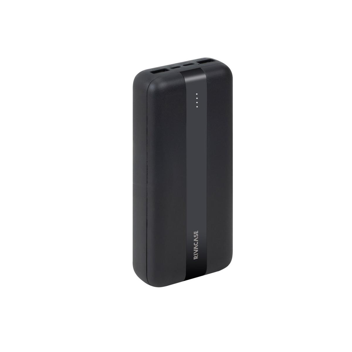 Power bank nero con striscia grigio scuro e quattro spie luminose.