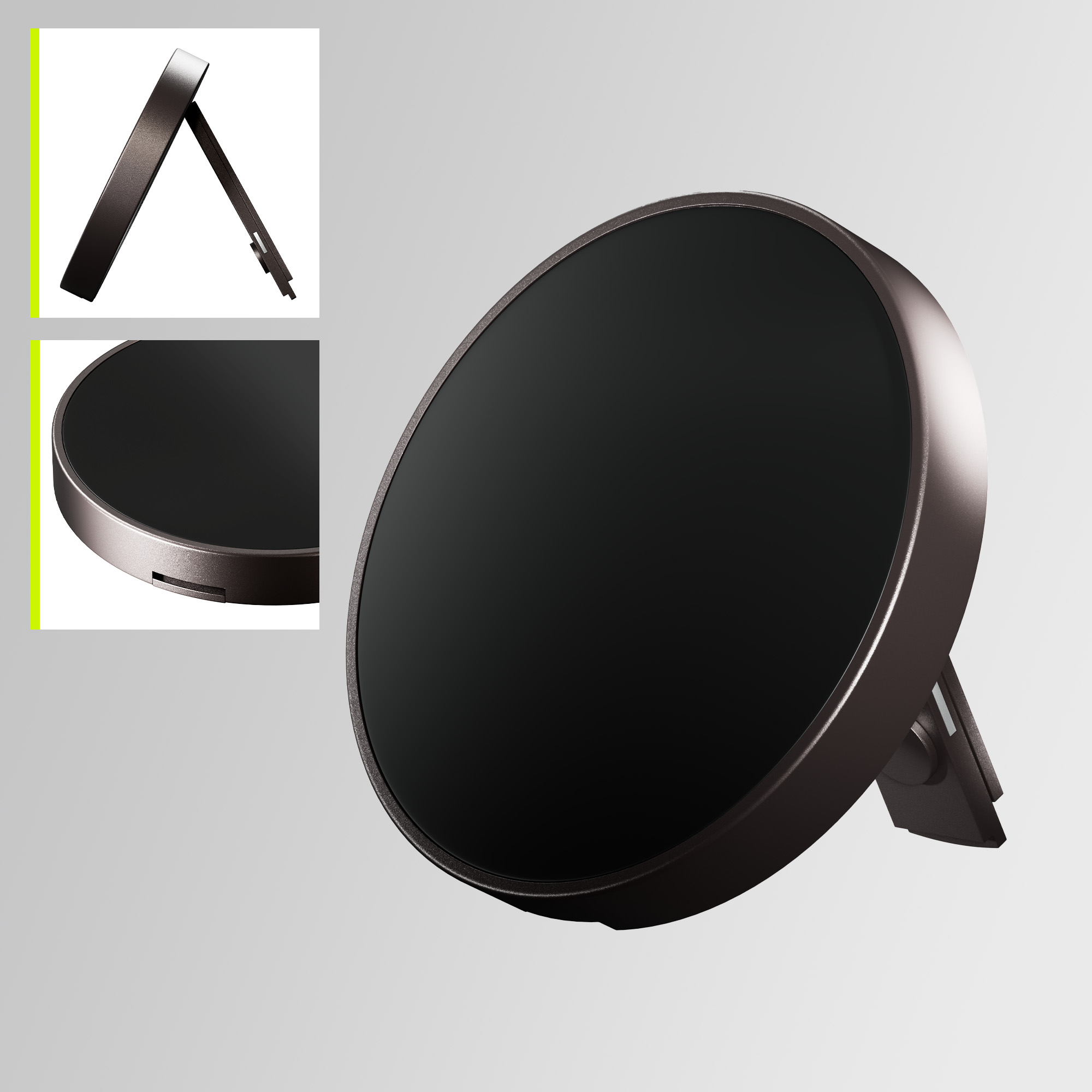 Uchwyt samochodowy na telefon z okrągłą czarną powierzchnią. Szare tło. Wiele kątów.