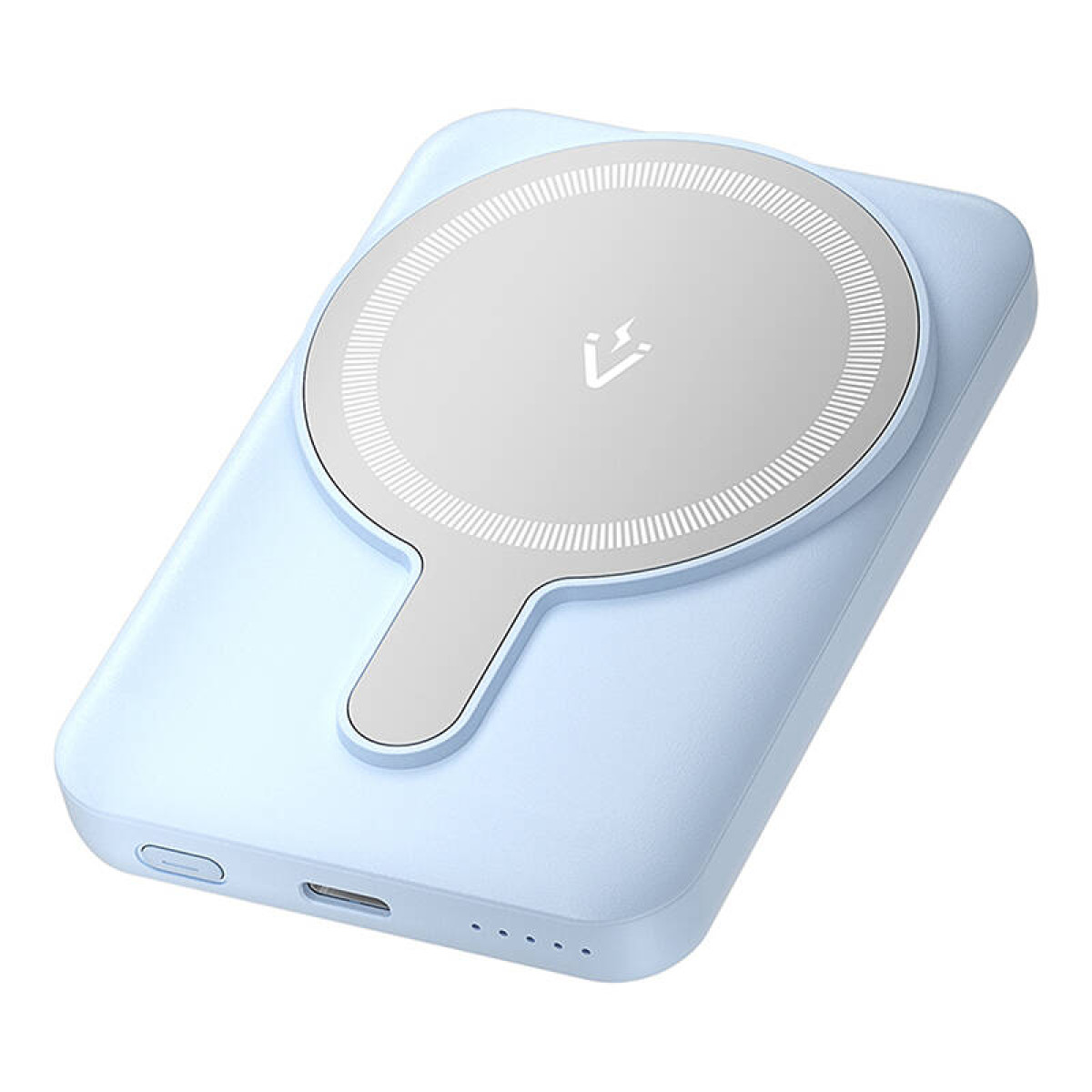 Eine hellblaue Powerbank mit einem weißen, kreisförmigen Ladepad oben und einigen Anzeigeleuchten.